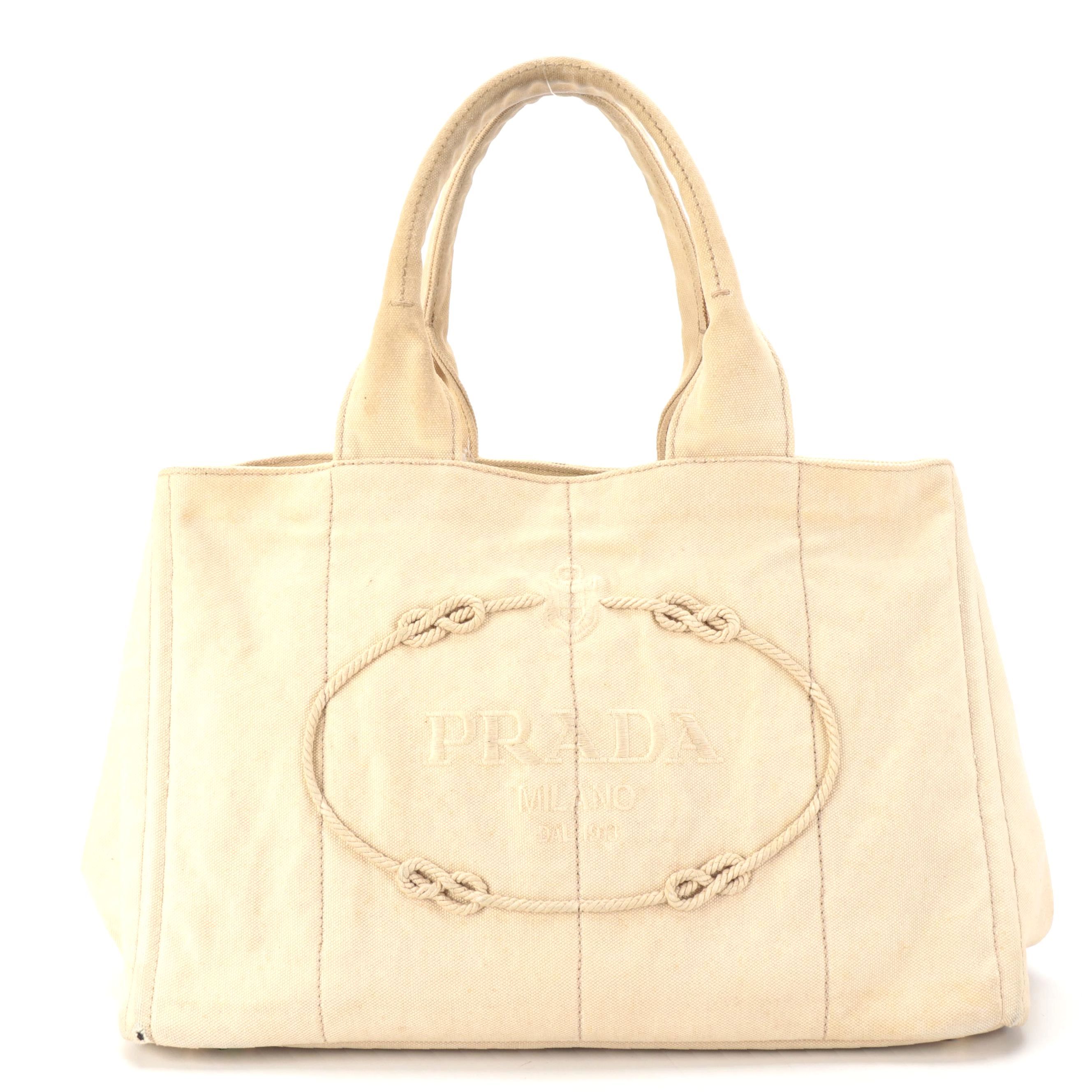 Prada Beige Canapa Embroidered Logo Canvas Tote