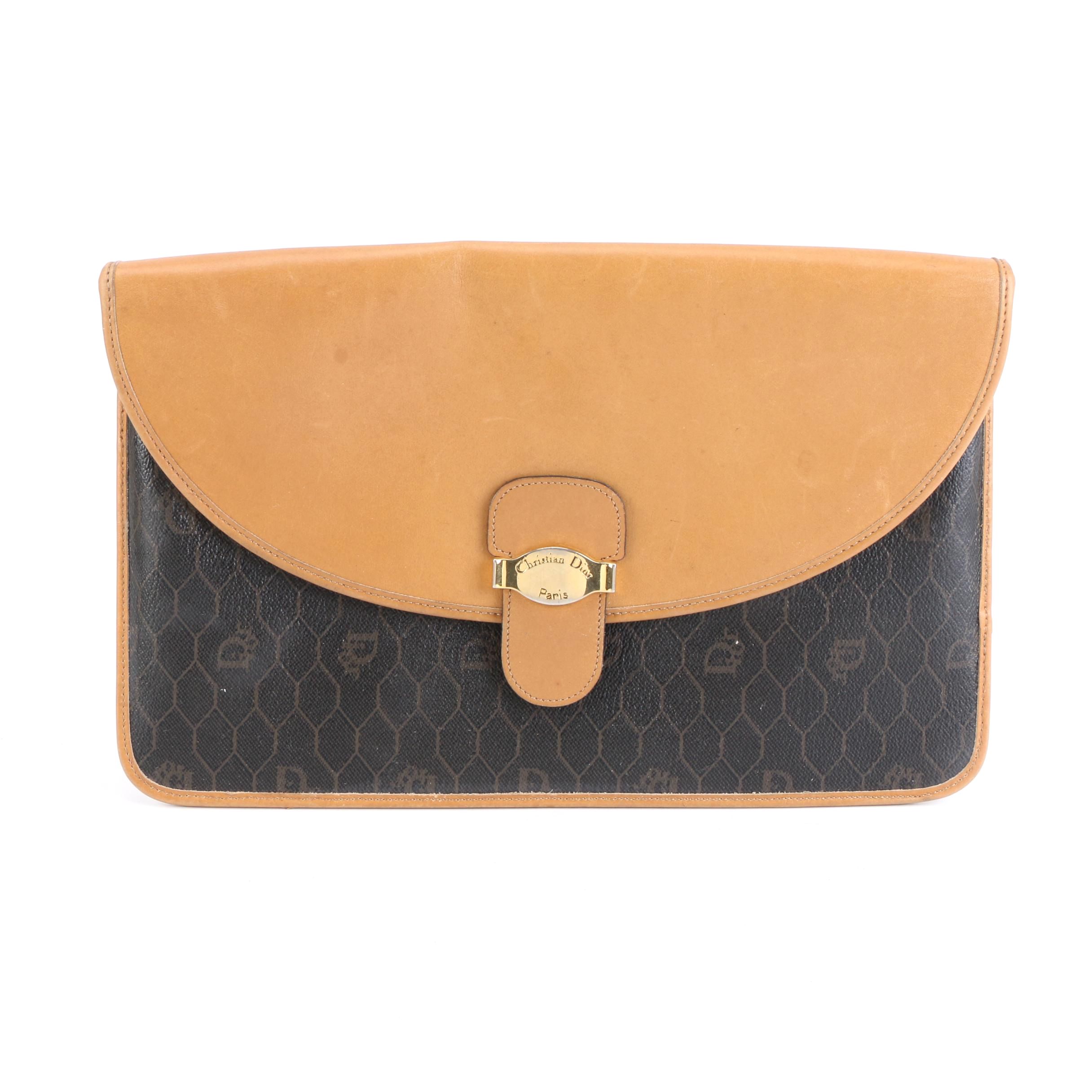 Christian Dior Clutch in Honeycomb Coated Canvas and Tan Leather