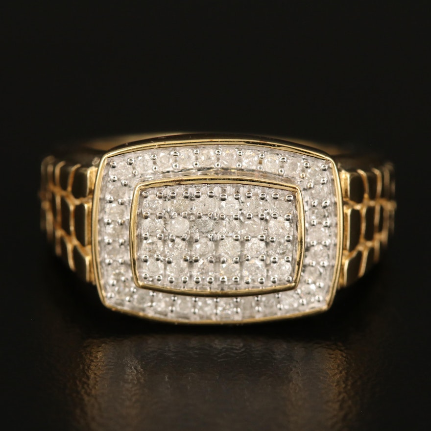 Sterling Diamond Rectangular Ring Textured Shoulders