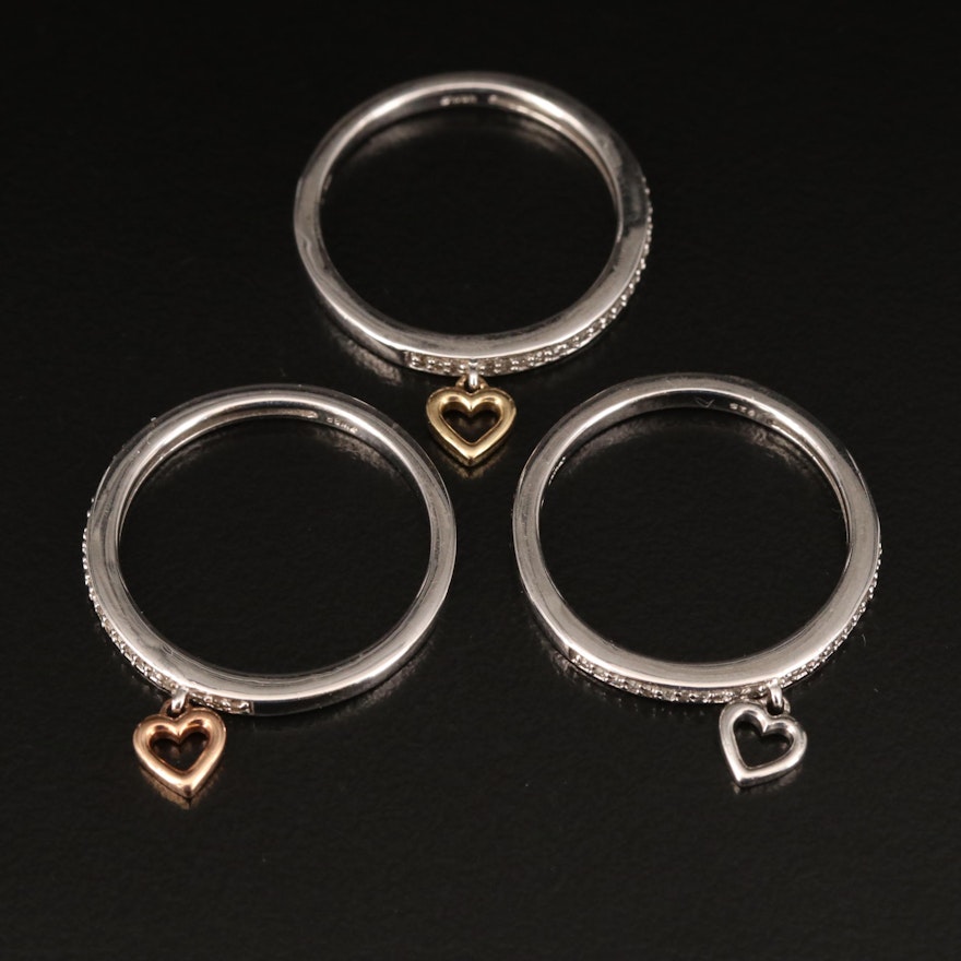 Sterling Diamond Stackable Heart Charm Rings Including 10K Accents