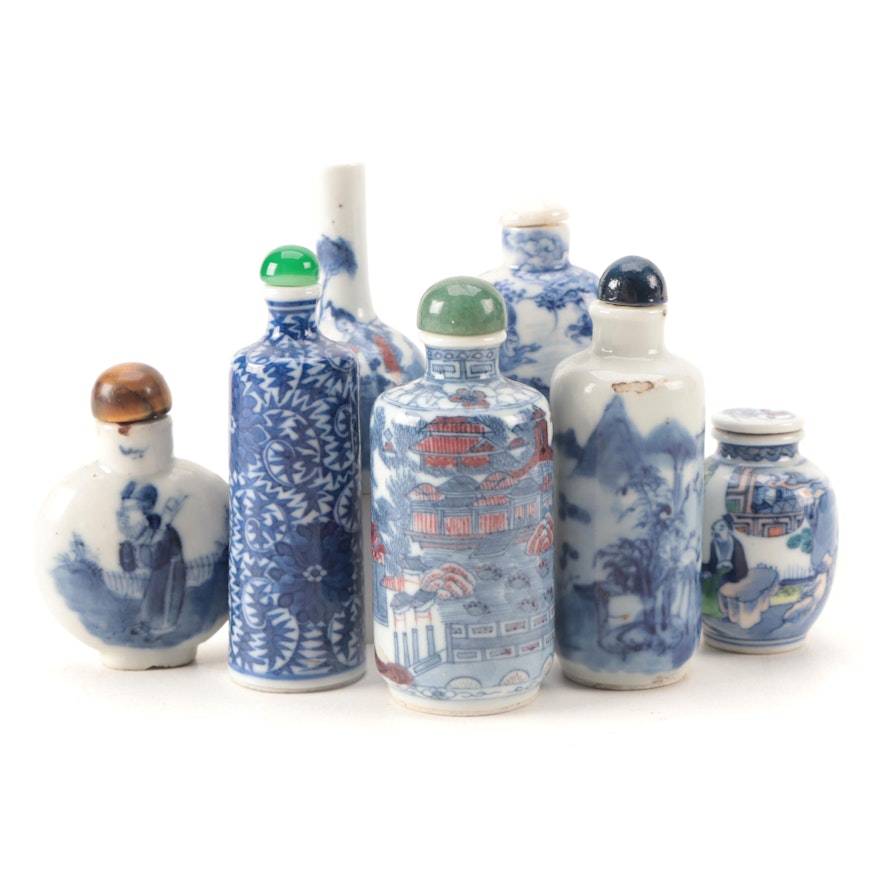 Chinese Hand-Painted Blue and White Porcelain and Ceramic Snuff Bottles