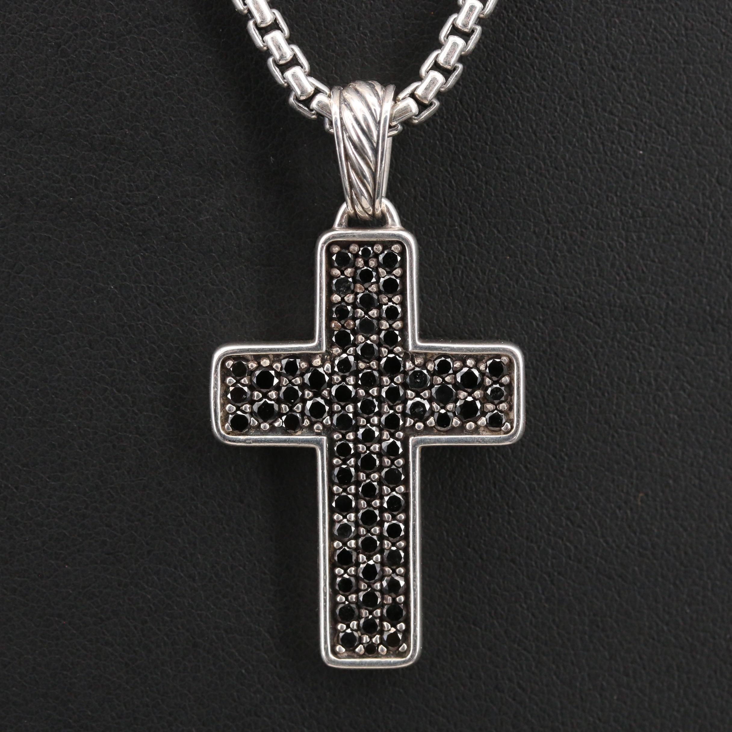 David Yurman Sterling 1.95 Pavé Black Diamond Cross Pendant Necklace