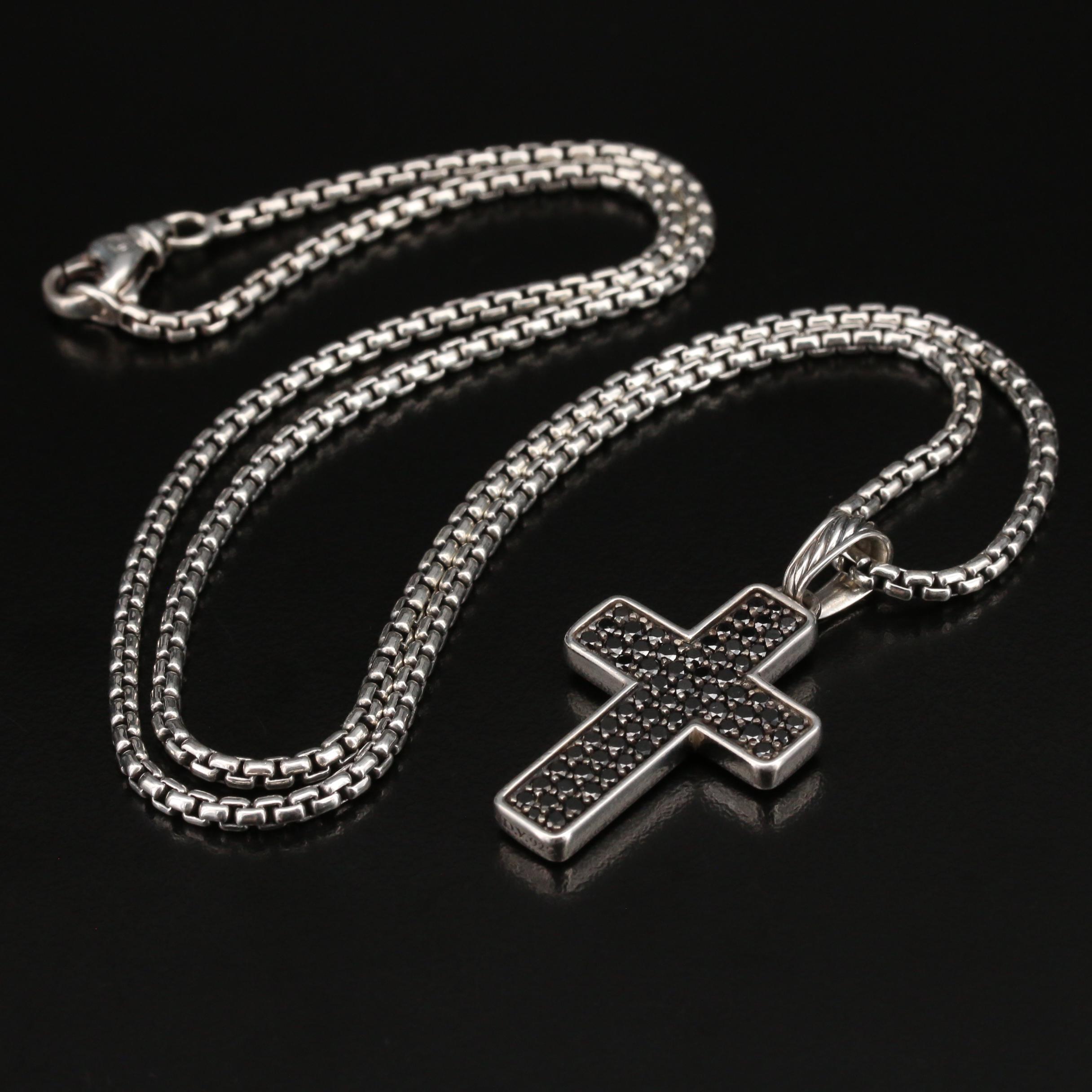 David Yurman Sterling 1.95 Pavé Black Diamond Cross Pendant Necklace