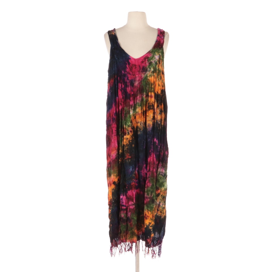 Jata California Tie-Dyed Sleeveless Dress with Hand-Knotted Fringe Hem