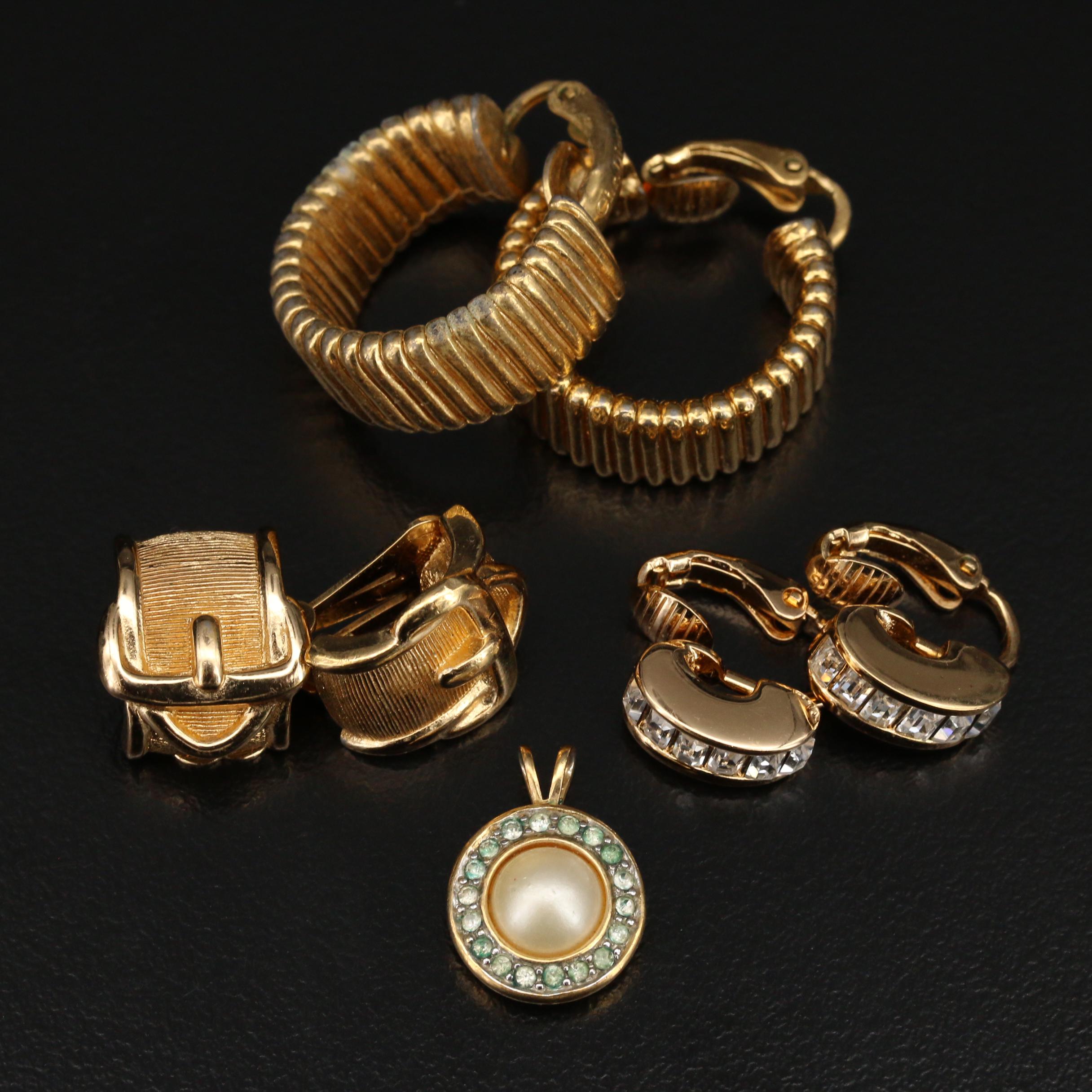 Christian Dior Hoop Clip Earrings with Rhinstone Earrings and Pendant