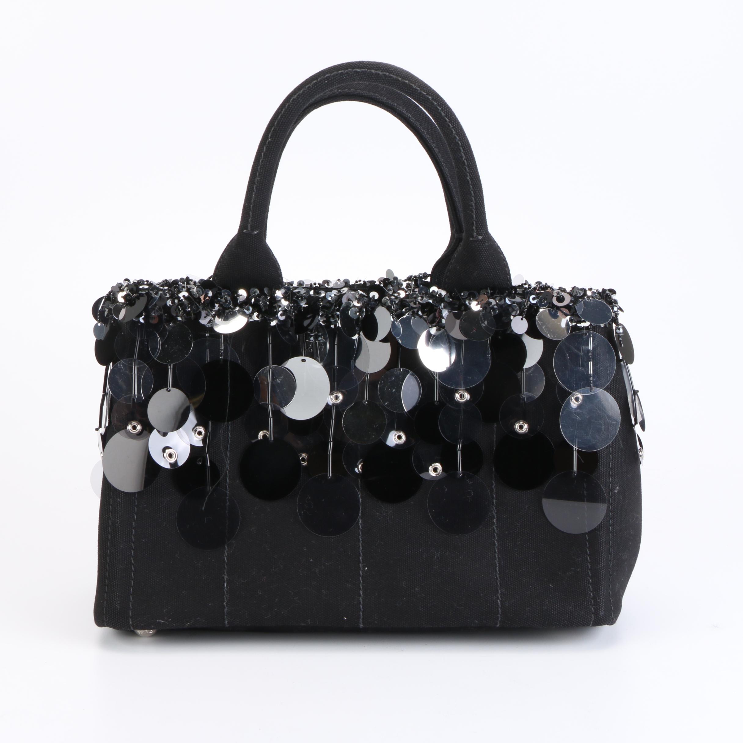 Prada Canapa Pailette and Beaded Embellished Black Canvas Tote