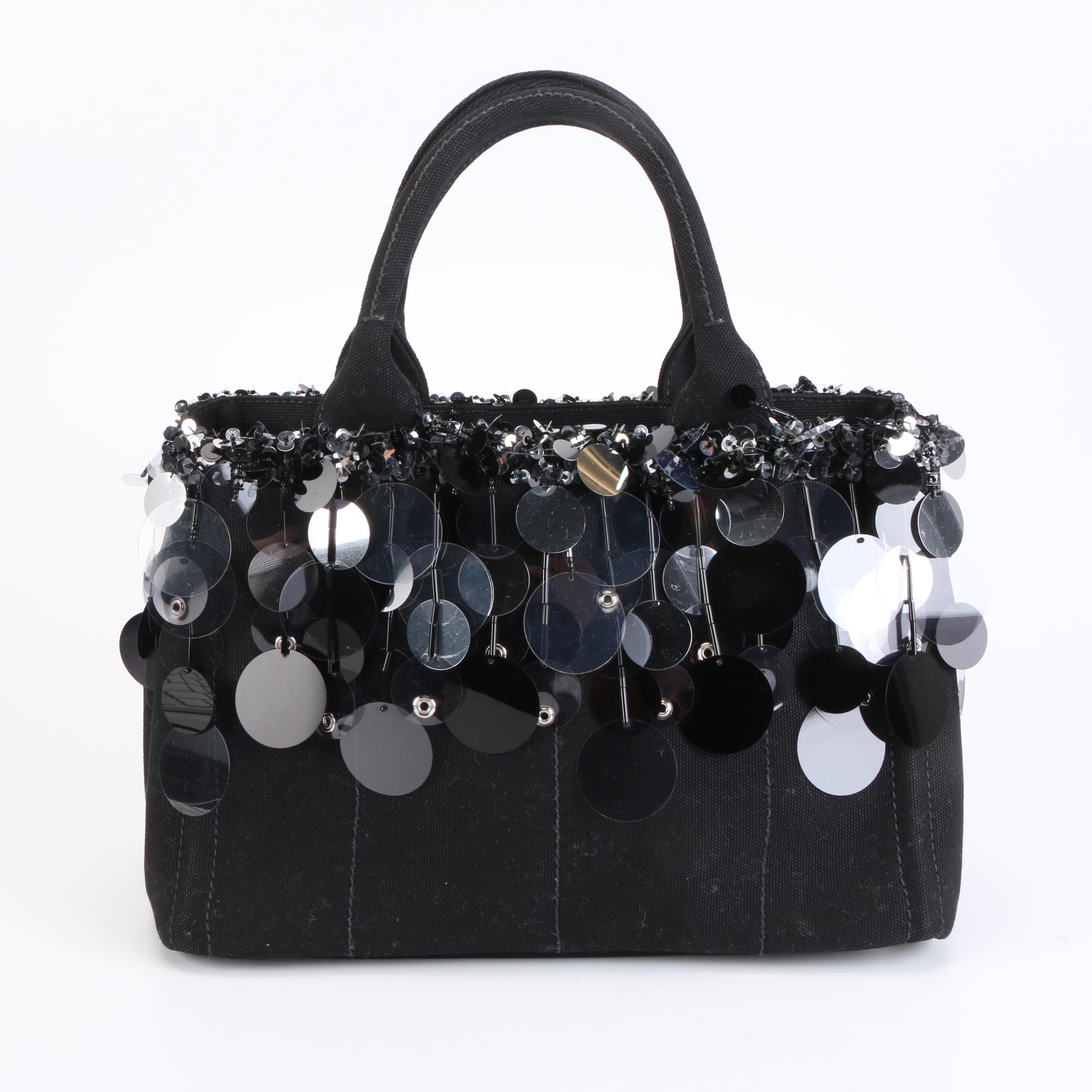 Prada Canapa Pailette and Beaded Embellished Black Canvas Tote