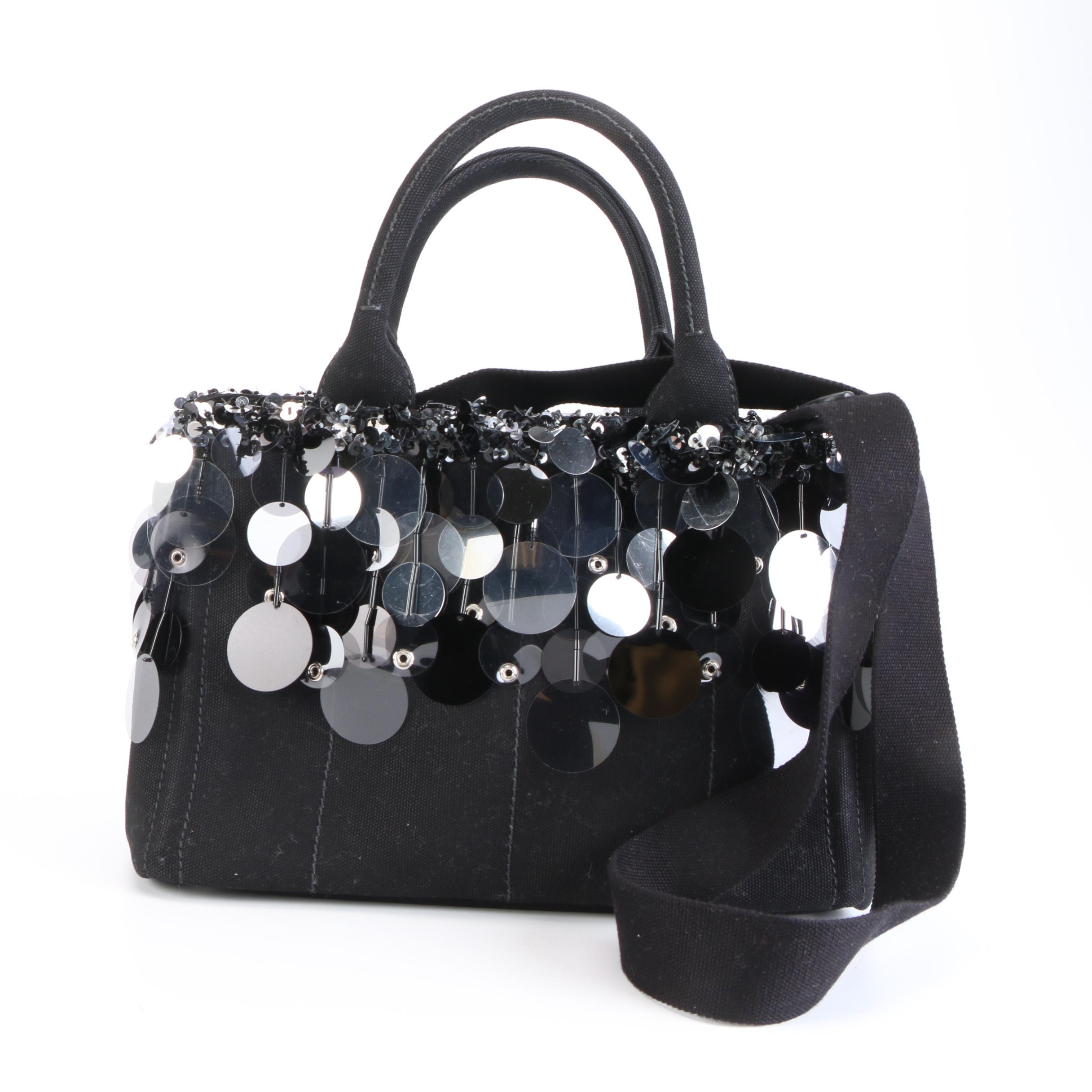 Prada Canapa Pailette and Beaded Embellished Black Canvas Tote
