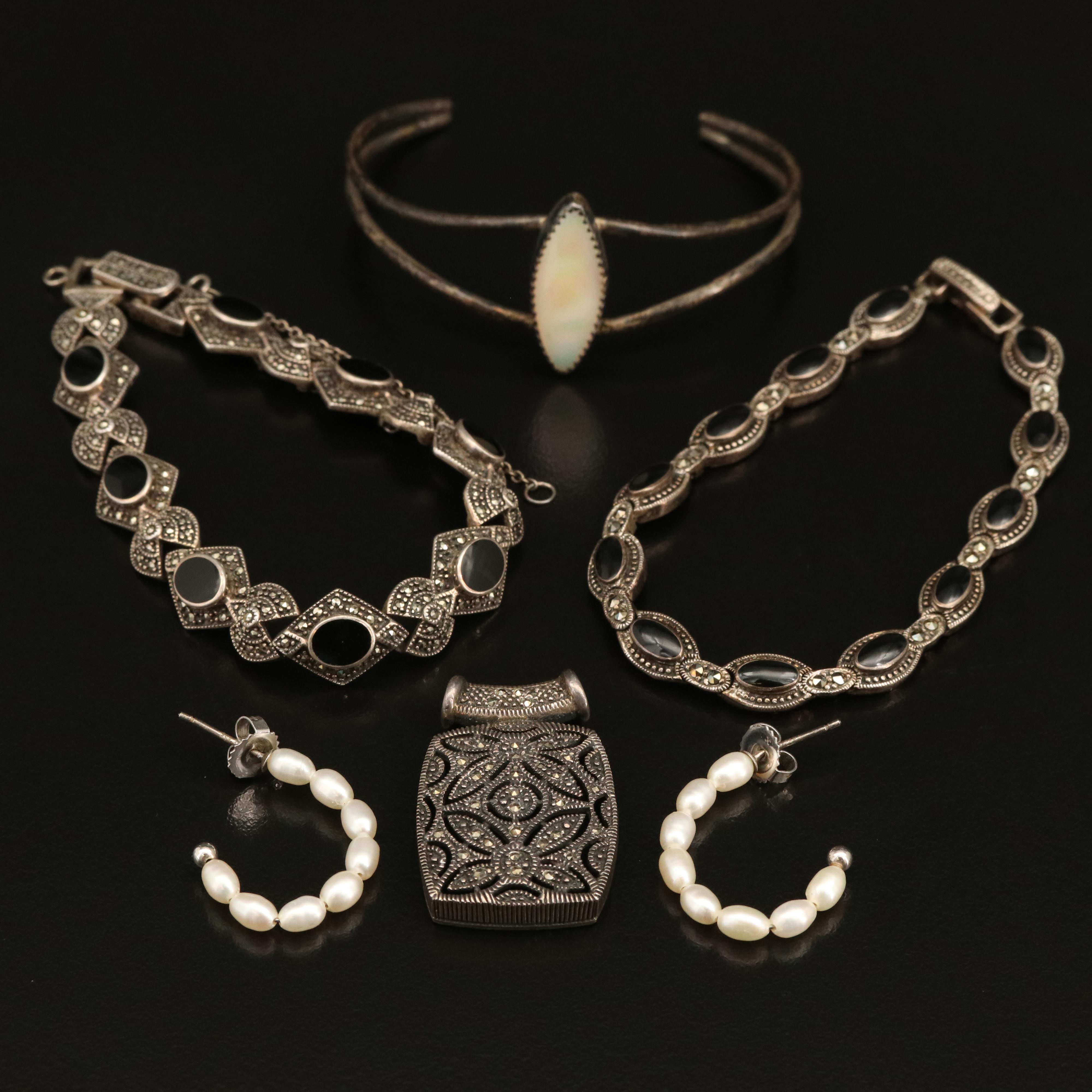 Sterling Earrings, Bracelets and Pendant Including Pearl and Black Onyx
