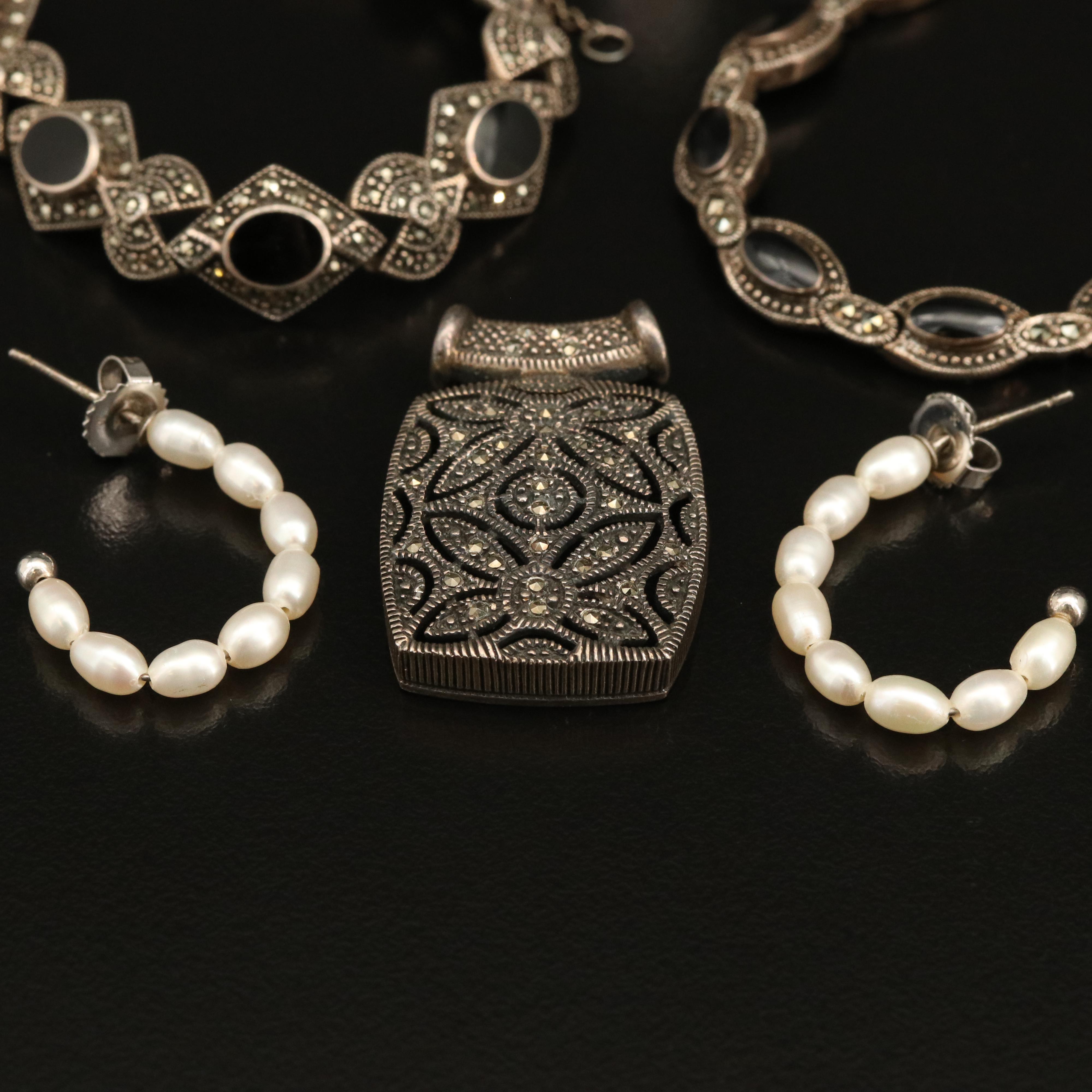 Sterling Earrings, Bracelets and Pendant Including Pearl and Black Onyx
