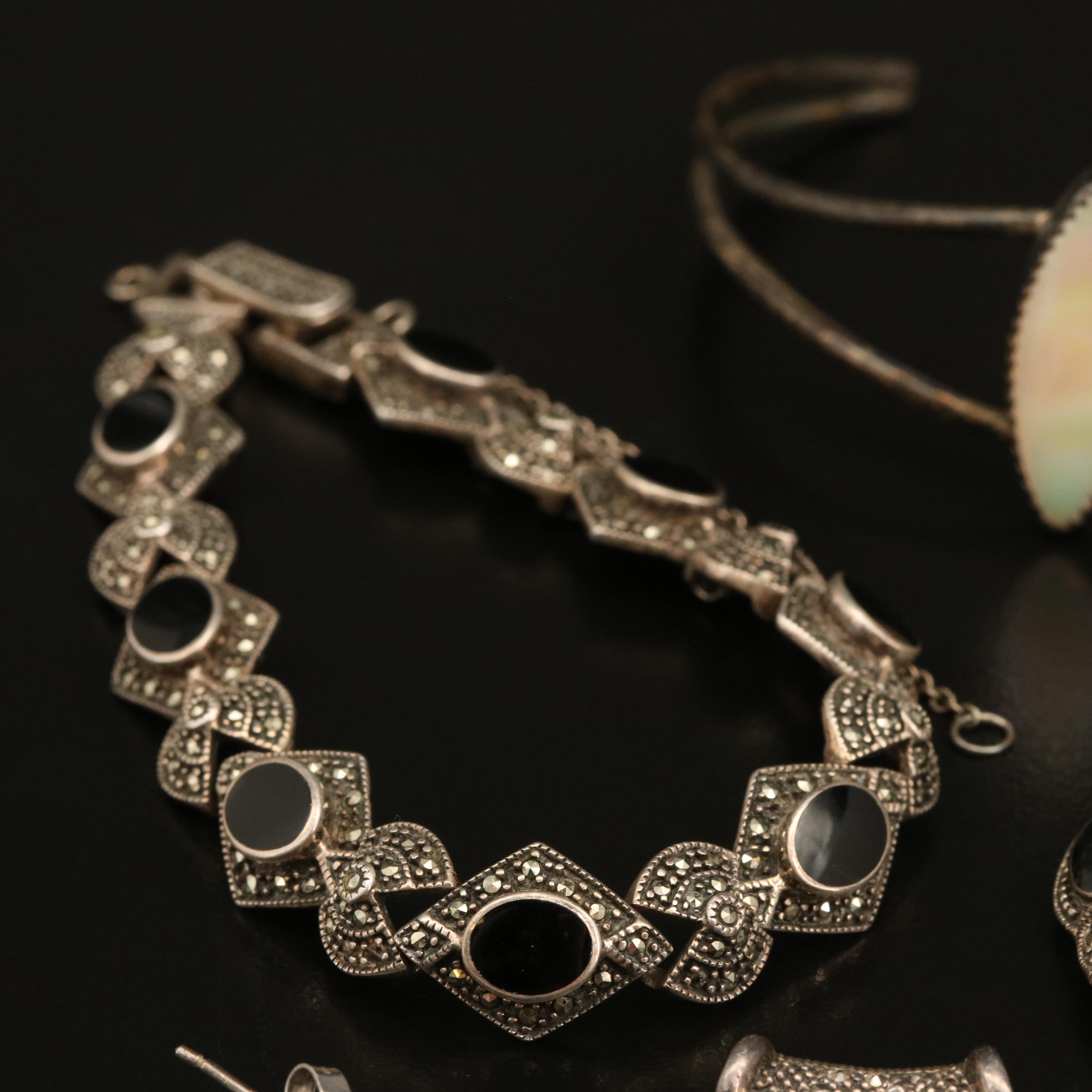 Sterling Earrings, Bracelets and Pendant Including Pearl and Black Onyx