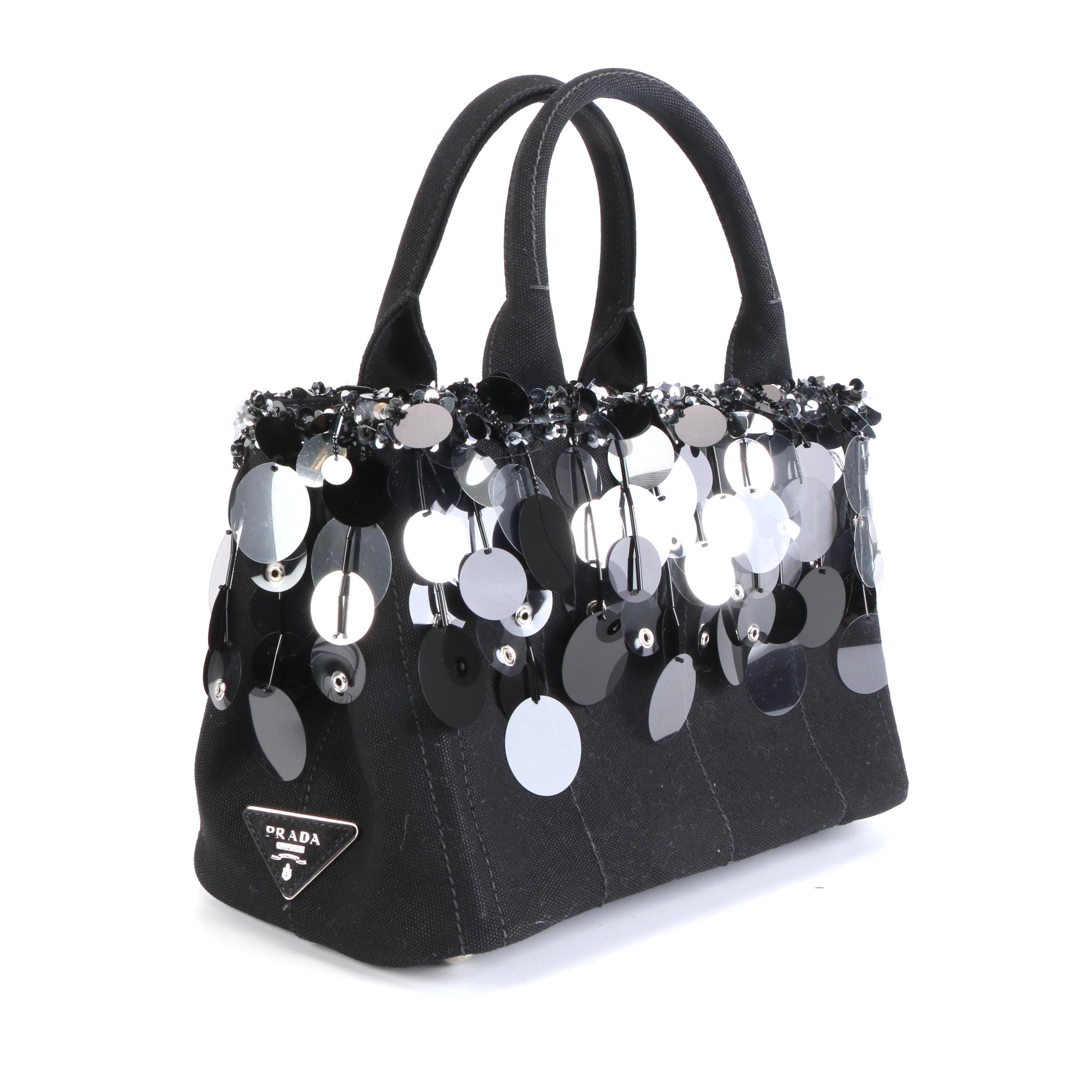 Prada Canapa Pailette and Beaded Embellished Black Canvas Tote
