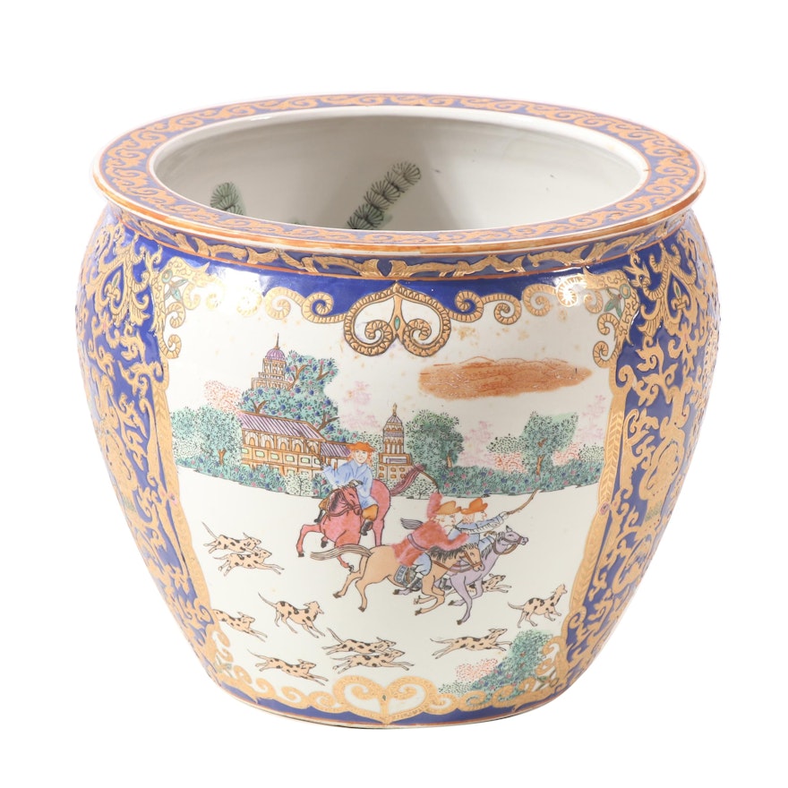 Chinese Export Style Hunting Scene Ceramic Fishbowl Planter, Late 20th Century