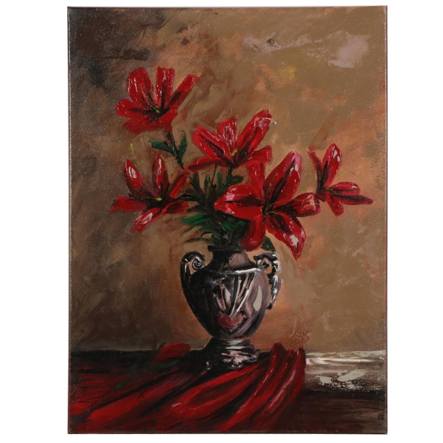 Farshad Lanjani Vase of Flowers Acrylic Painting, 21st Century