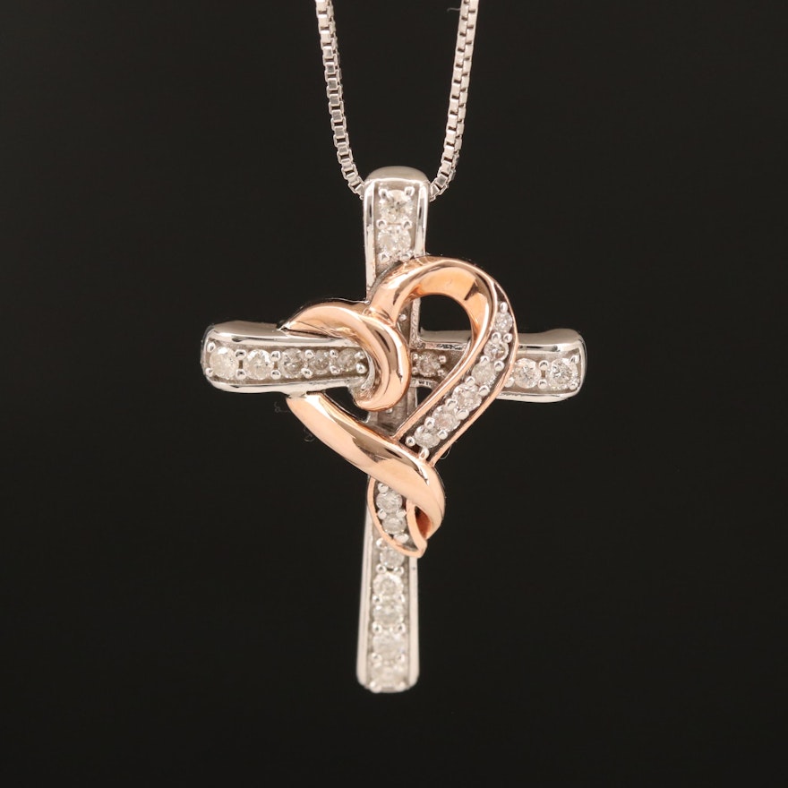 Hallmark Sterling Diamond Cross Pendant Necklace with 10K Rose Gold Heart Accent