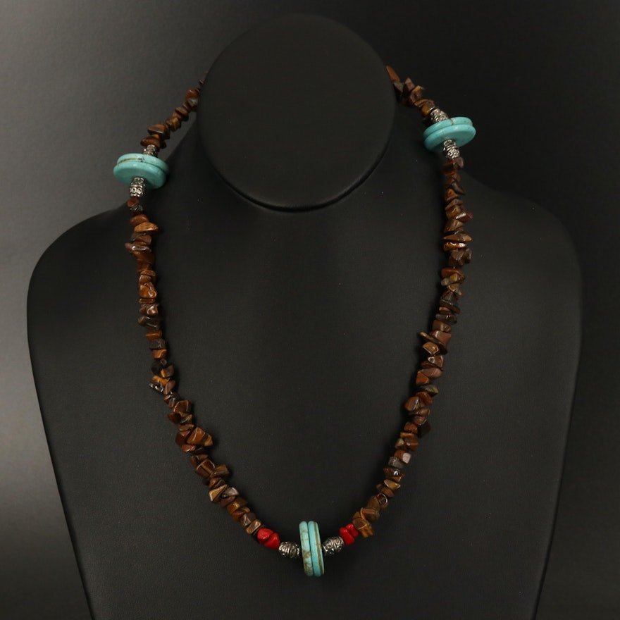 Tiger's Eye Quartz, Magnesite and Glass Beaded Necklace