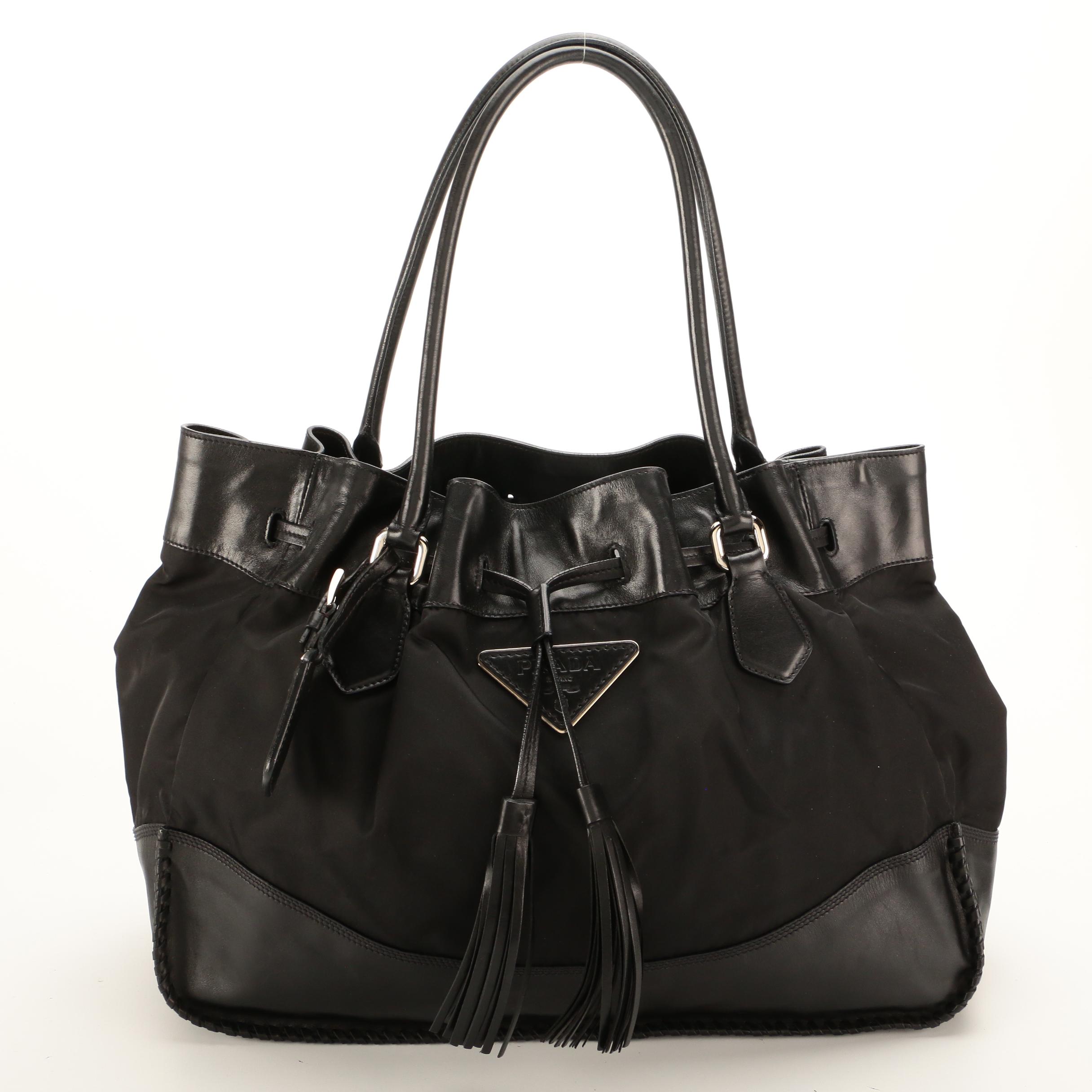 Prada Tote Bag in Black Tessuto Nylon with Whipstitch Leather Trim