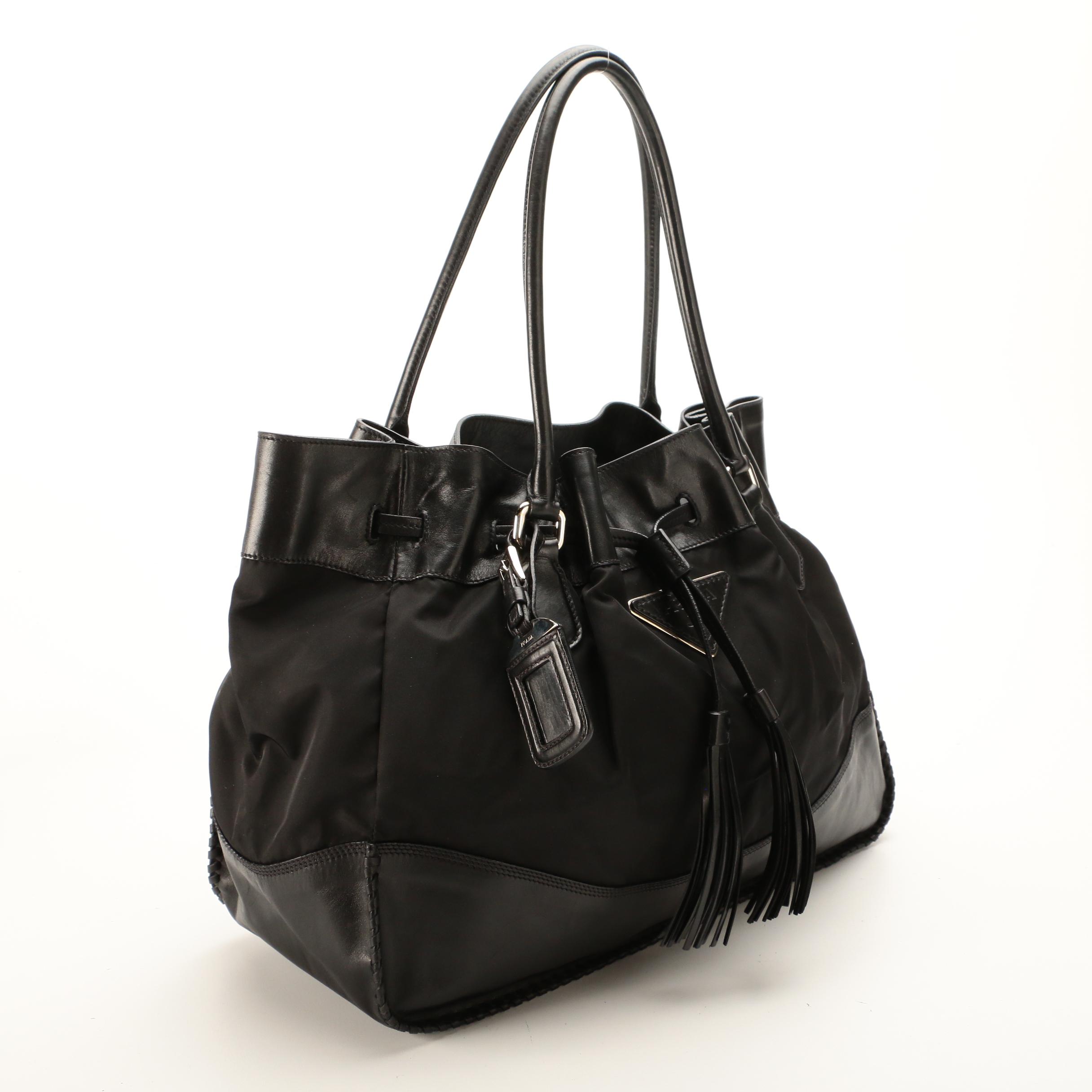 Prada Tote Bag in Black Tessuto Nylon with Whipstitch Leather Trim