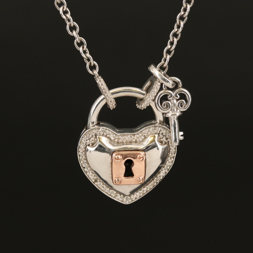 Sterling Diamond Heart Lock Pendant Necklace with 10K Rose Gold Accent