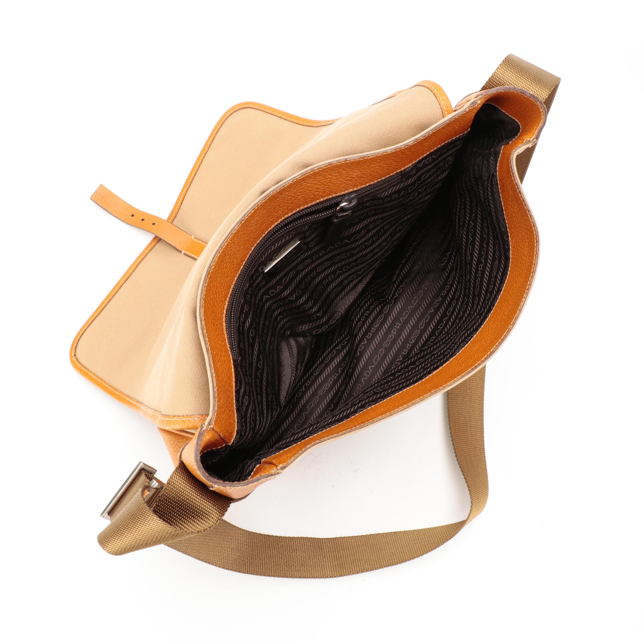 Prada Messenger Bag in Tan Canvas and Leather Trim