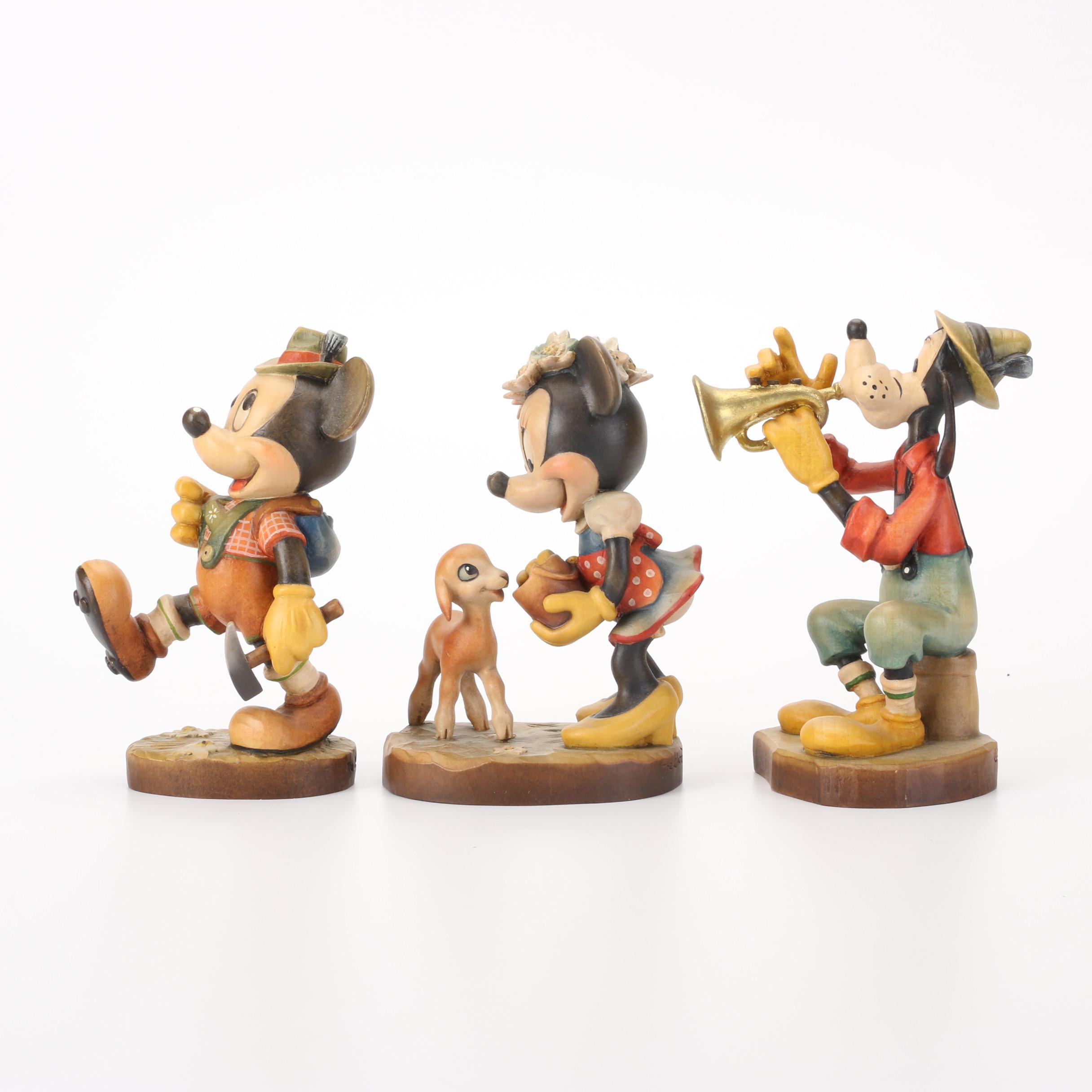 ANRI Disney Hand-Carved Wooden "Mickey and Minnie Mouse" and "Goofy" Figurines