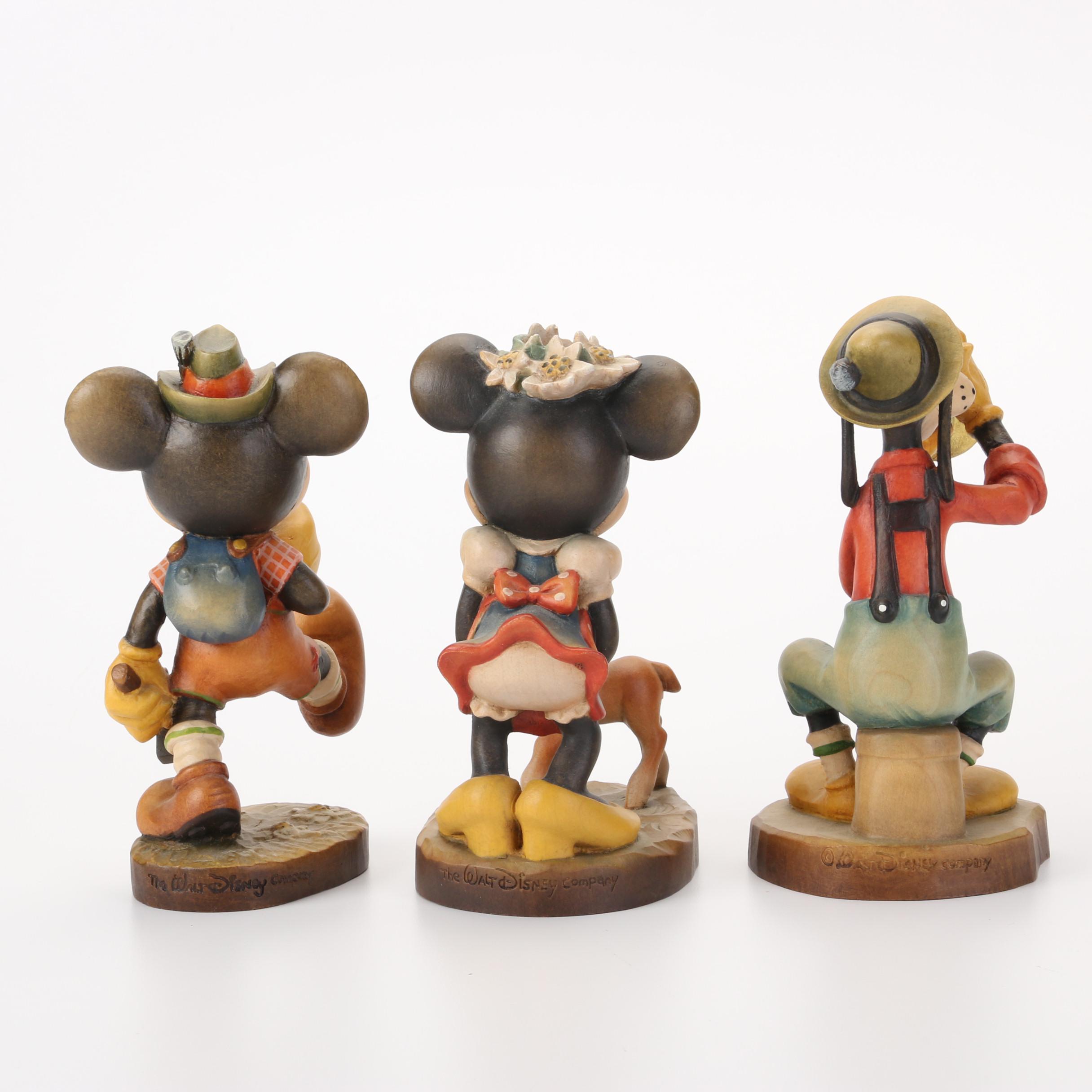 ANRI Disney Hand-Carved Wooden "Mickey and Minnie Mouse" and "Goofy" Figurines
