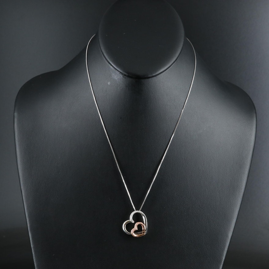 Sterling Diamond Double Heart Pendant Necklace with 10K Rose Gold Accent
