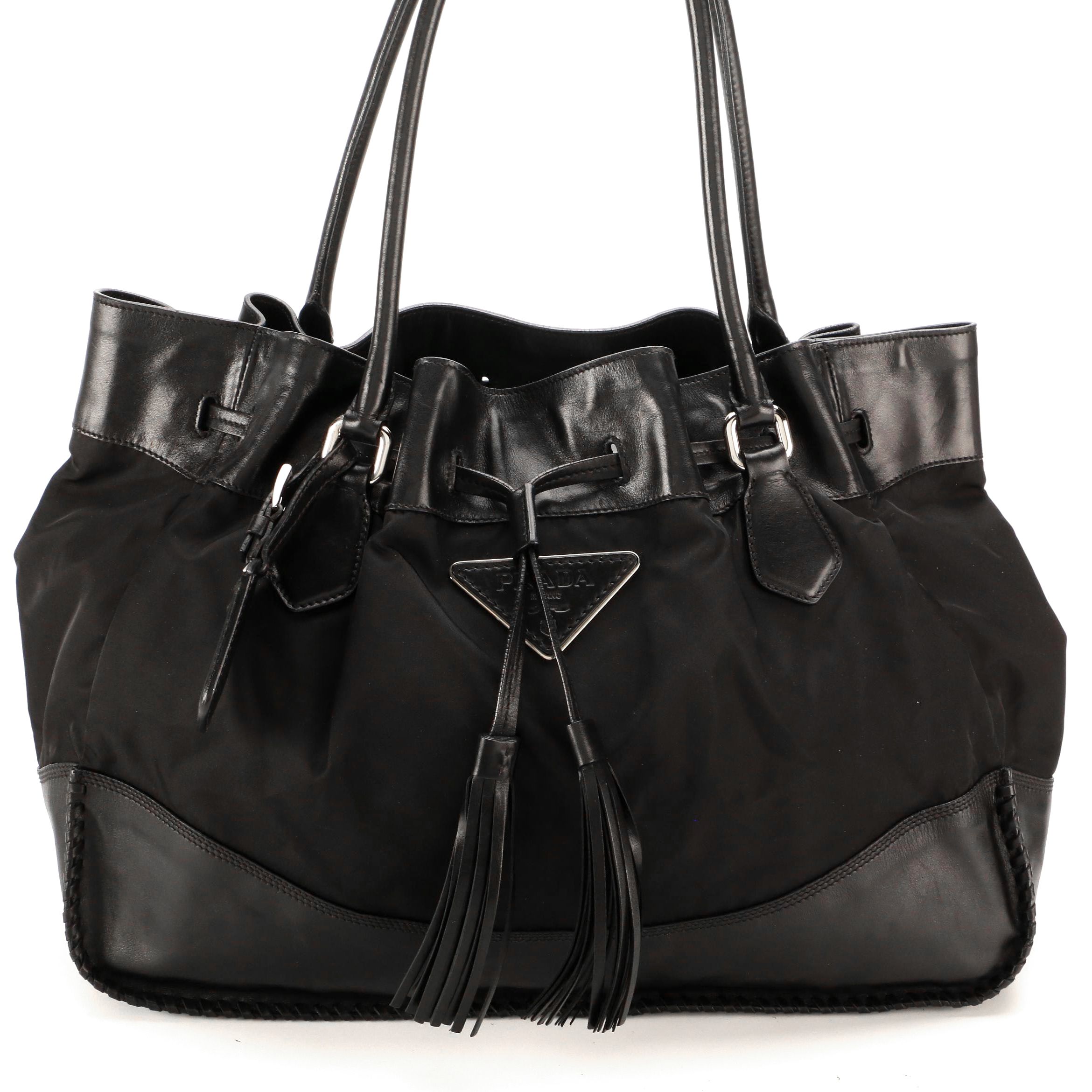 Prada Tote Bag in Black Tessuto Nylon with Whipstitch Leather Trim