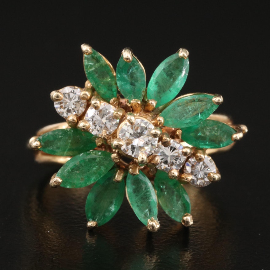 14K Diamond and Emerald Cluster Ring