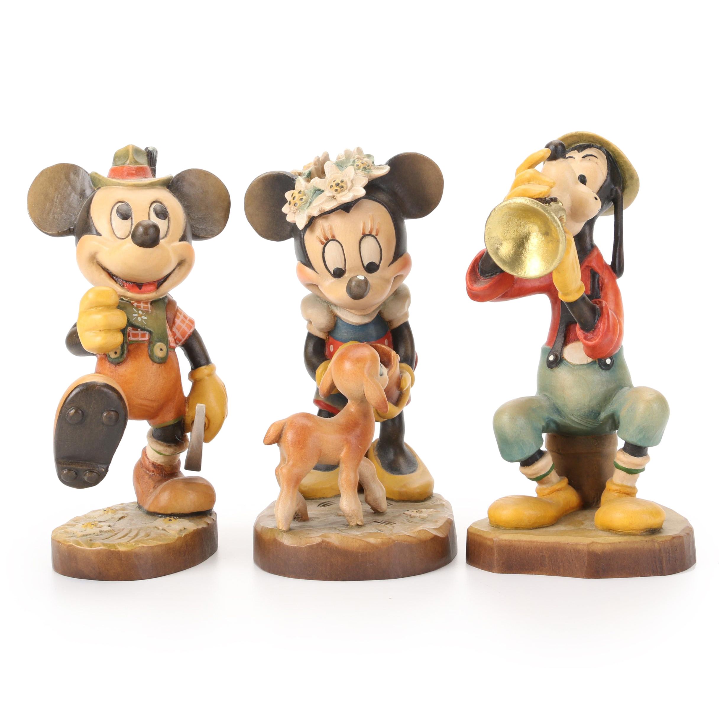 ANRI Disney Hand-Carved Wooden "Mickey and Minnie Mouse" and "Goofy" Figurines