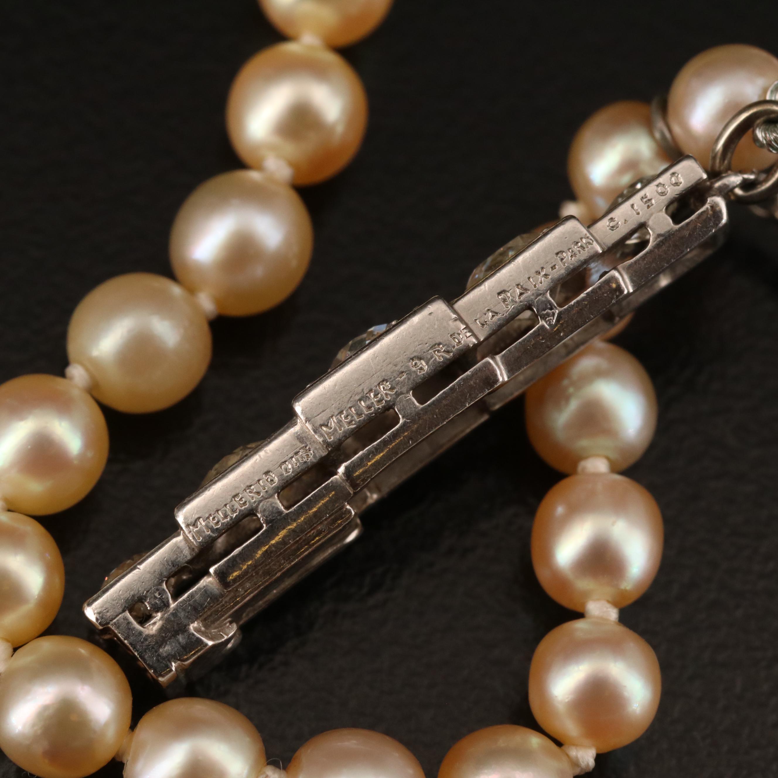 French Mellerio dits Meller Pearl Necklace with Platinum 1.00 CTW Diamond Clasp