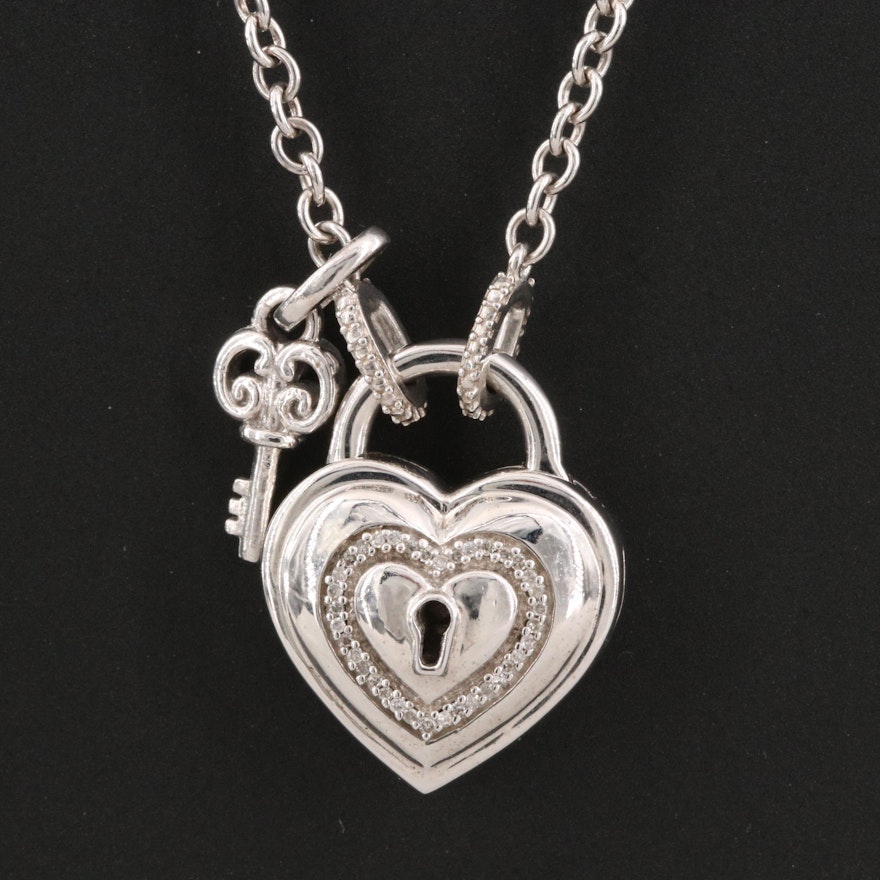 Sterling Silver Diamond Heart Padlock Pendant Necklace