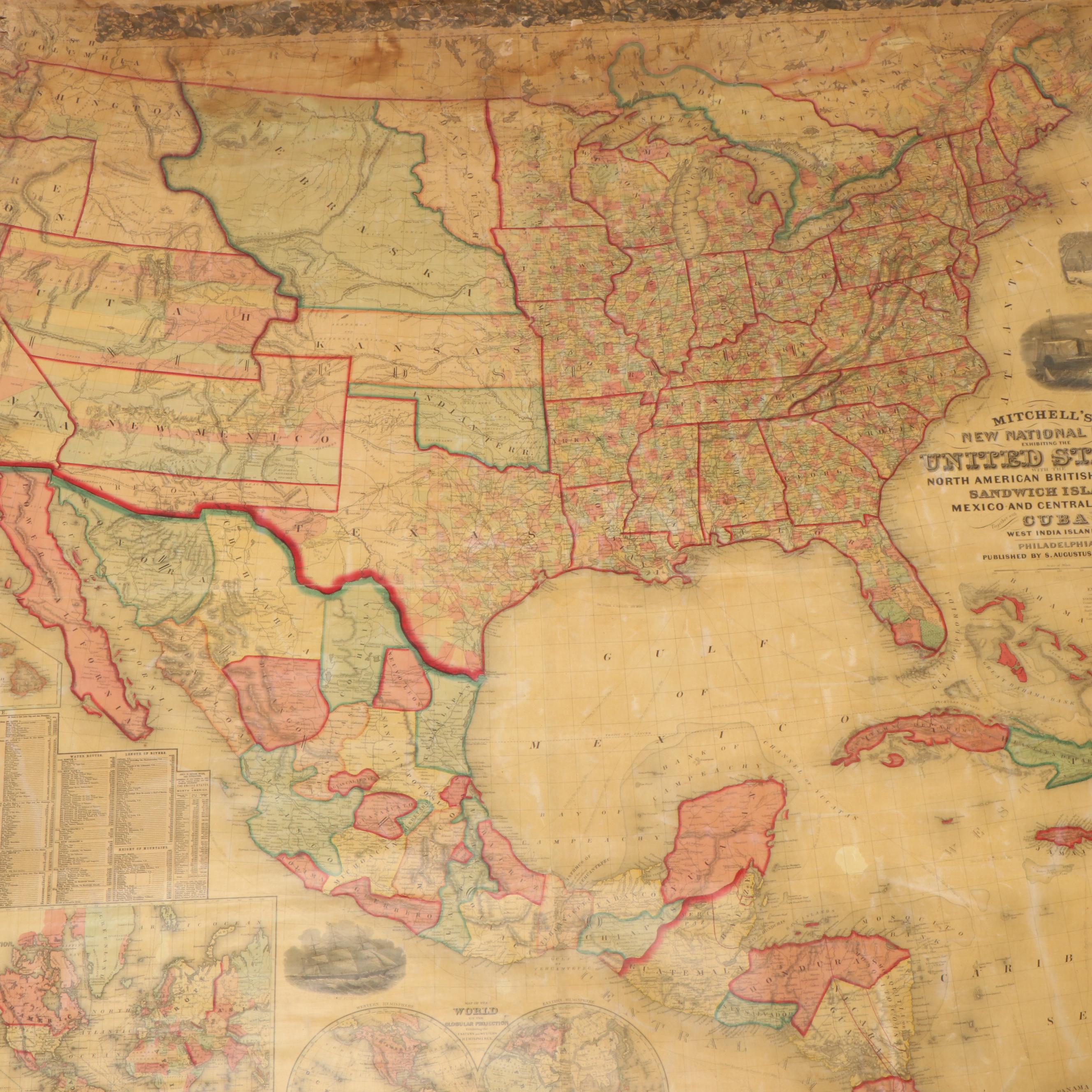 Mitchell's New National Hand-Colored Lithograph Wall Map of United States, 1860