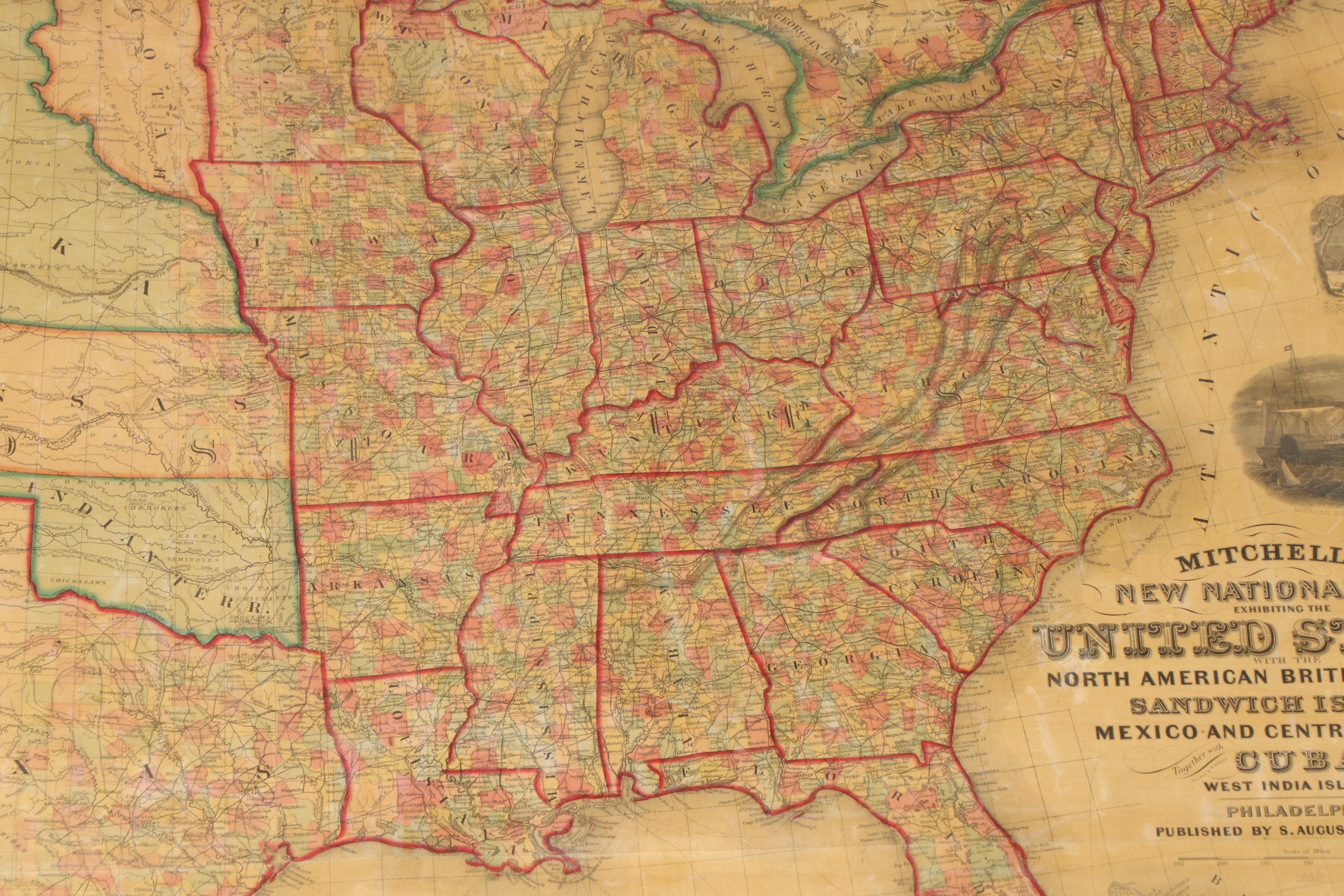 Mitchell's New National Hand-Colored Lithograph Wall Map of United States, 1860