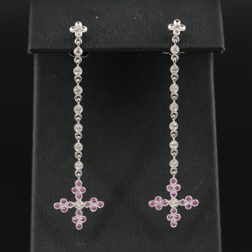 Carl Blackburn 18K Diamond and Pink Sapphire Maltese Cross Drop Earrings