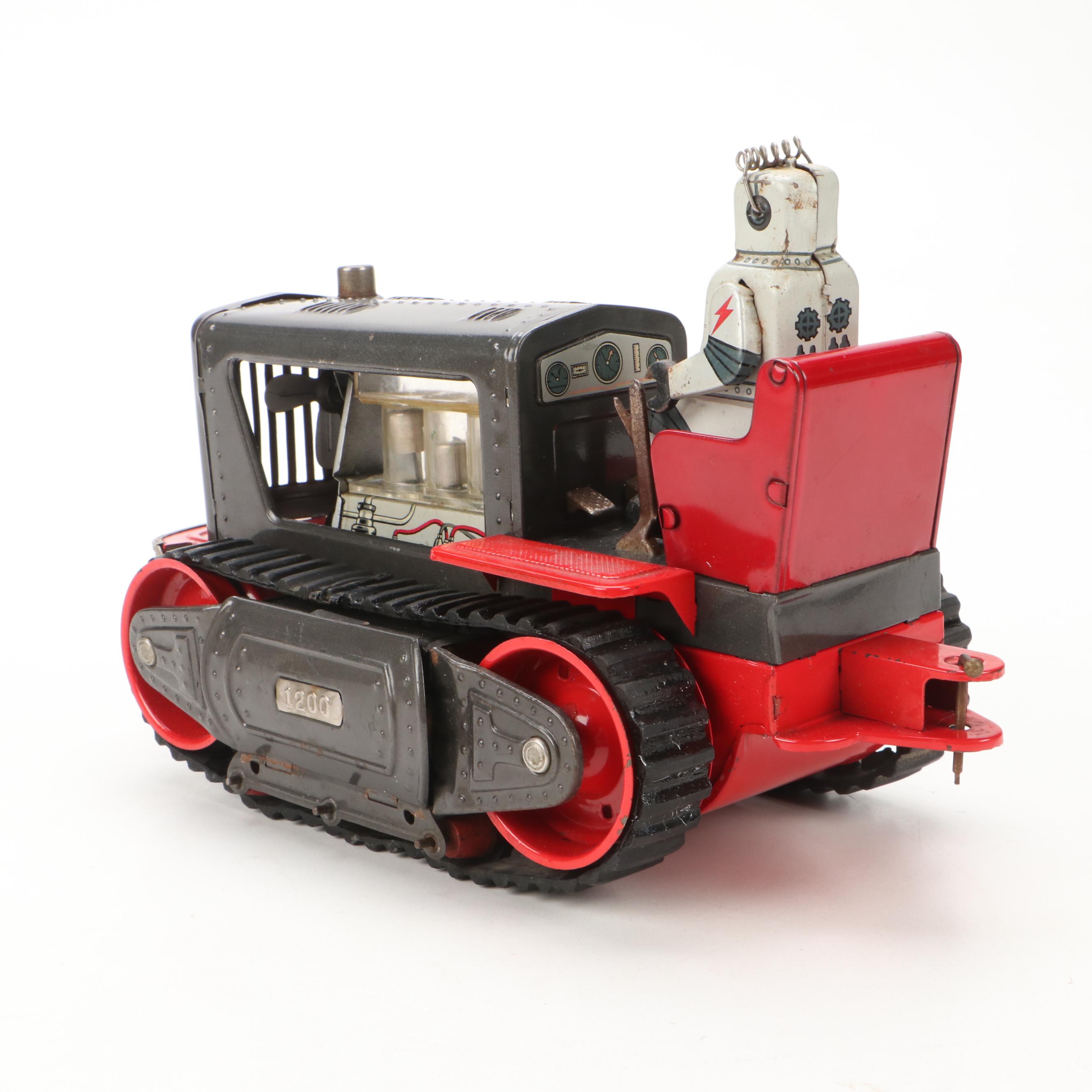 Japanese Nomura Robot Driving Tin Lithograph Battery Operated Tractor, 1950s