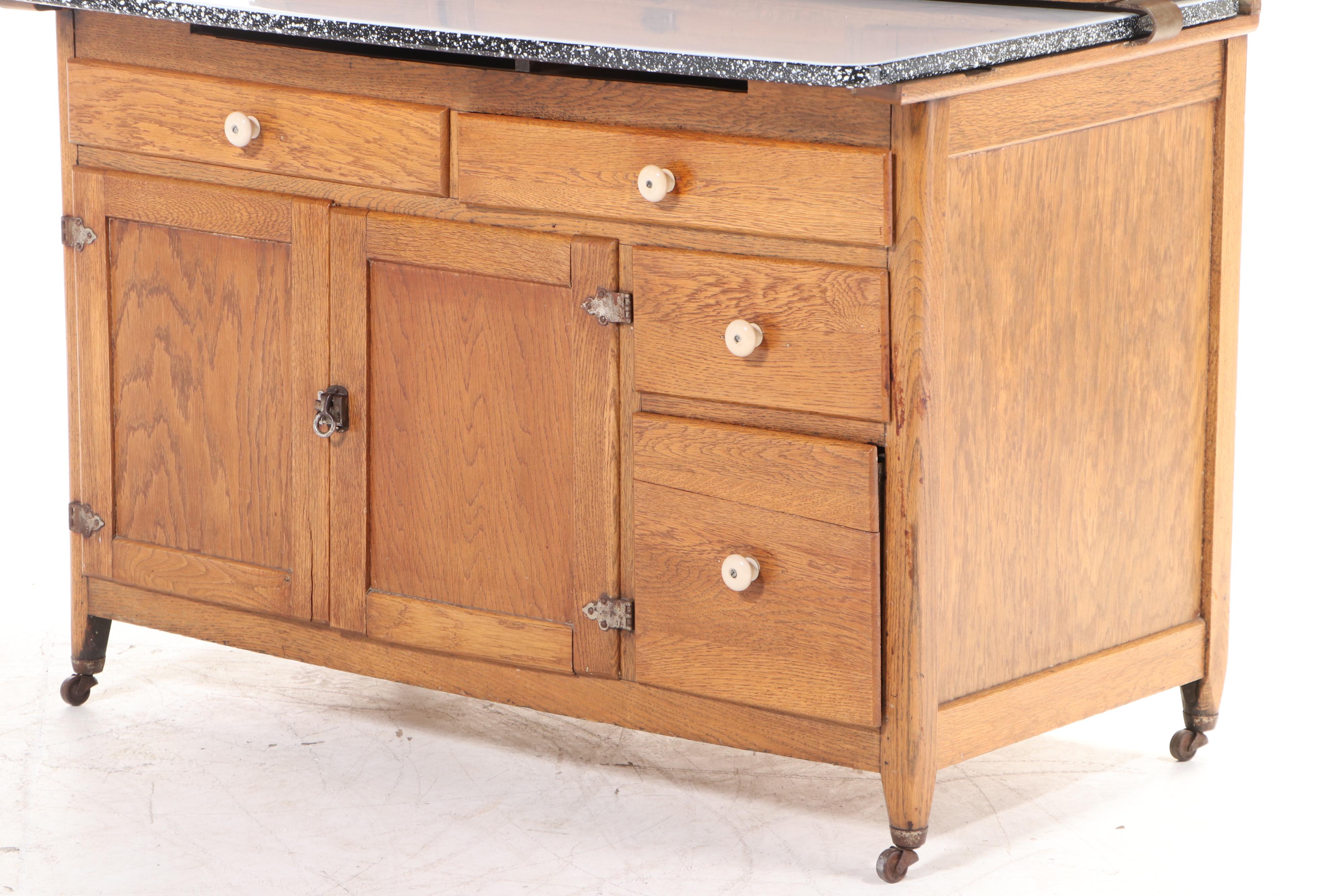 Coppes Brothers & Zook "Napanee Model J" Oak and Enamel Top Kitchen Cabinet