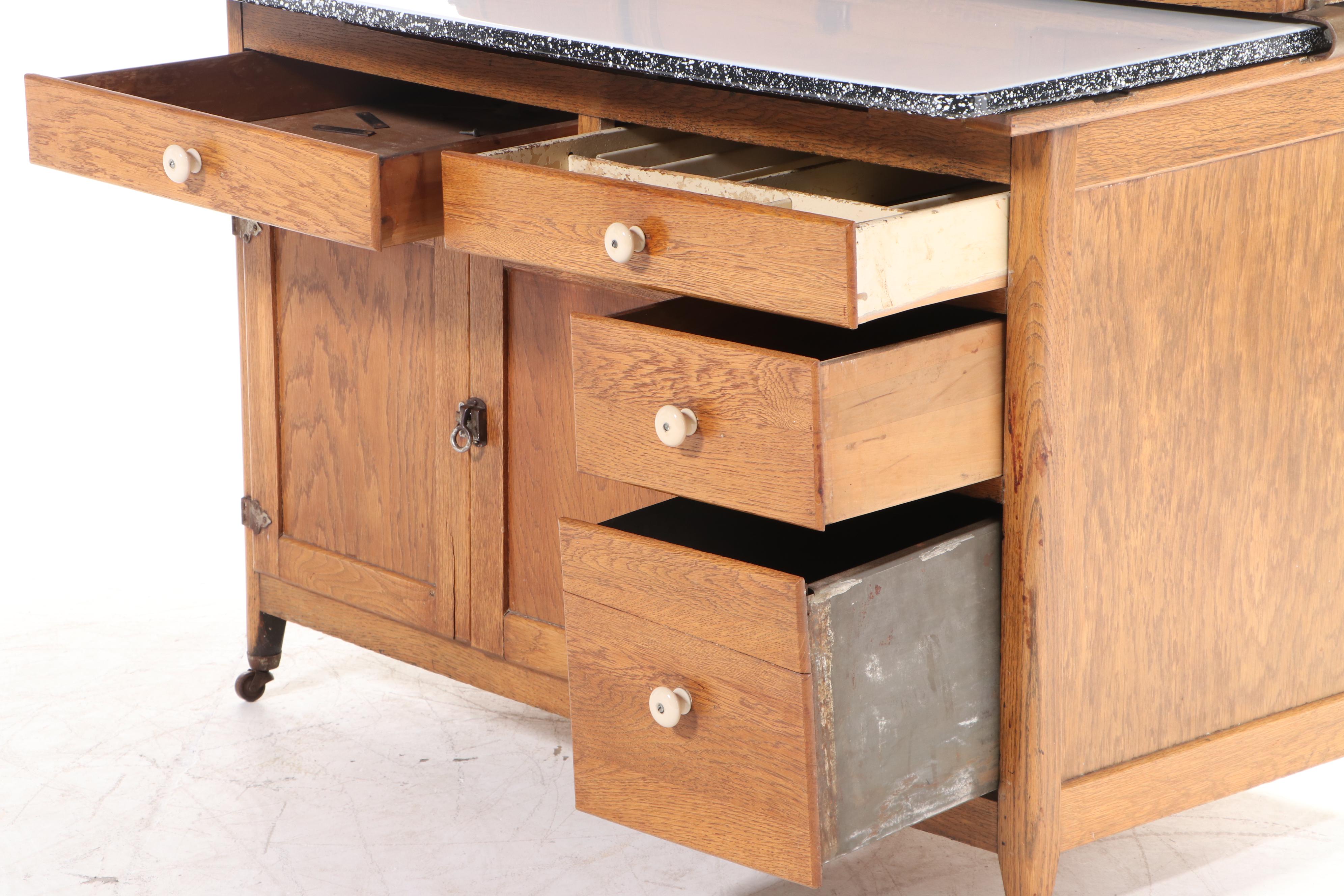 Coppes Brothers & Zook "Napanee Model J" Oak and Enamel Top Kitchen Cabinet