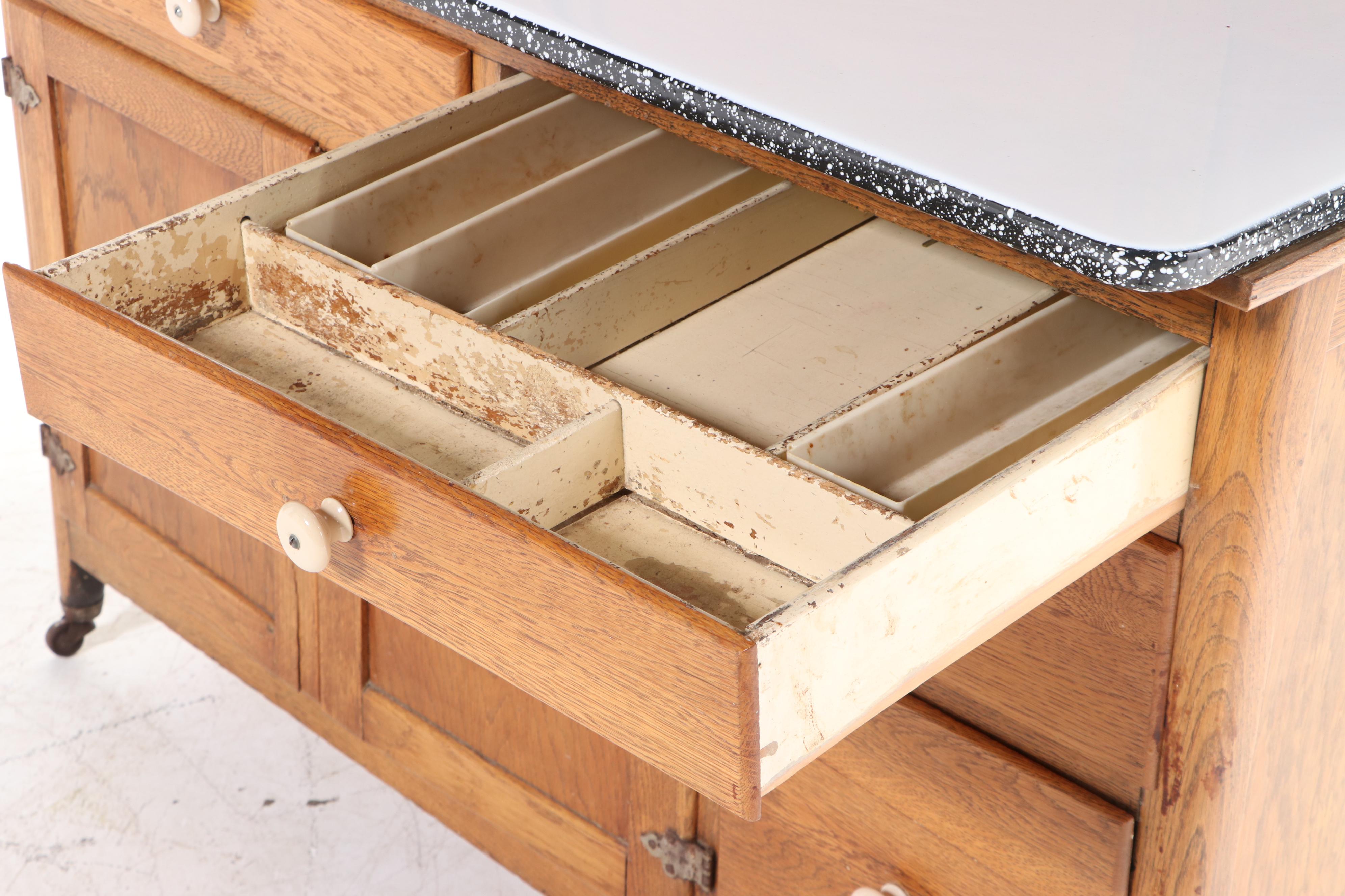 Coppes Brothers & Zook "Napanee Model J" Oak and Enamel Top Kitchen Cabinet