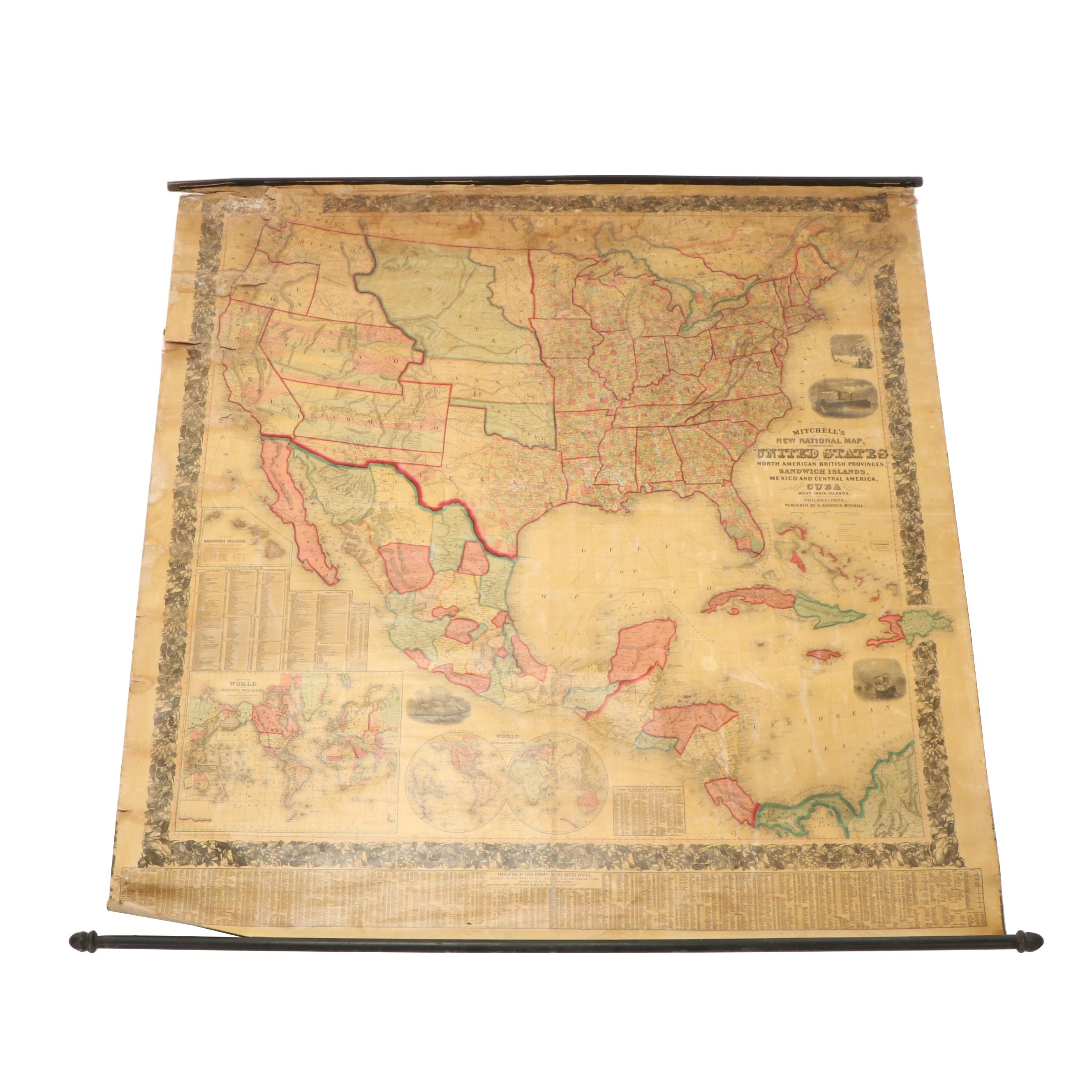 Mitchell's New National Hand-Colored Lithograph Wall Map of United States, 1860