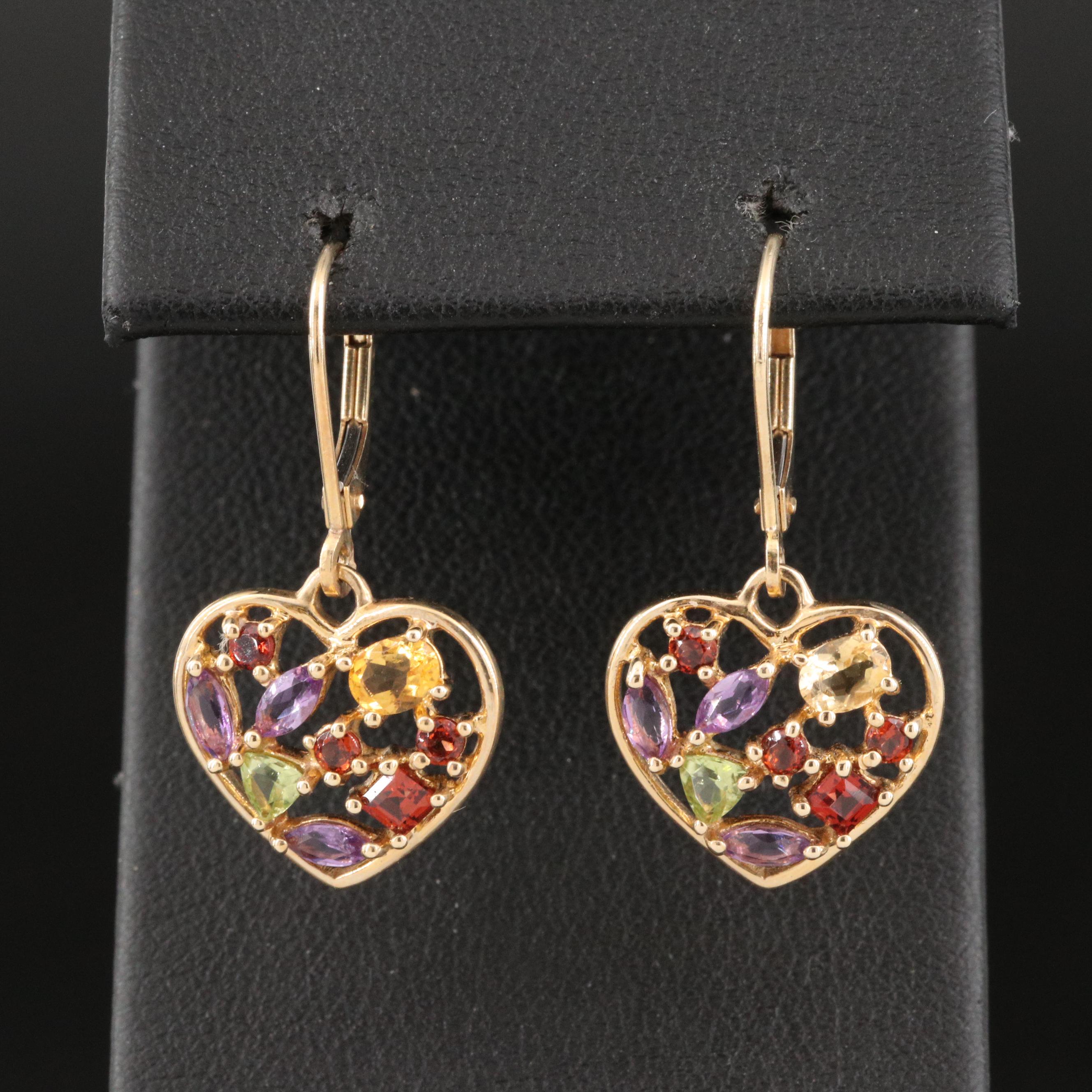 14K Citrine, Garnet, Amethyst and Peridot Cluster Heart Earrings