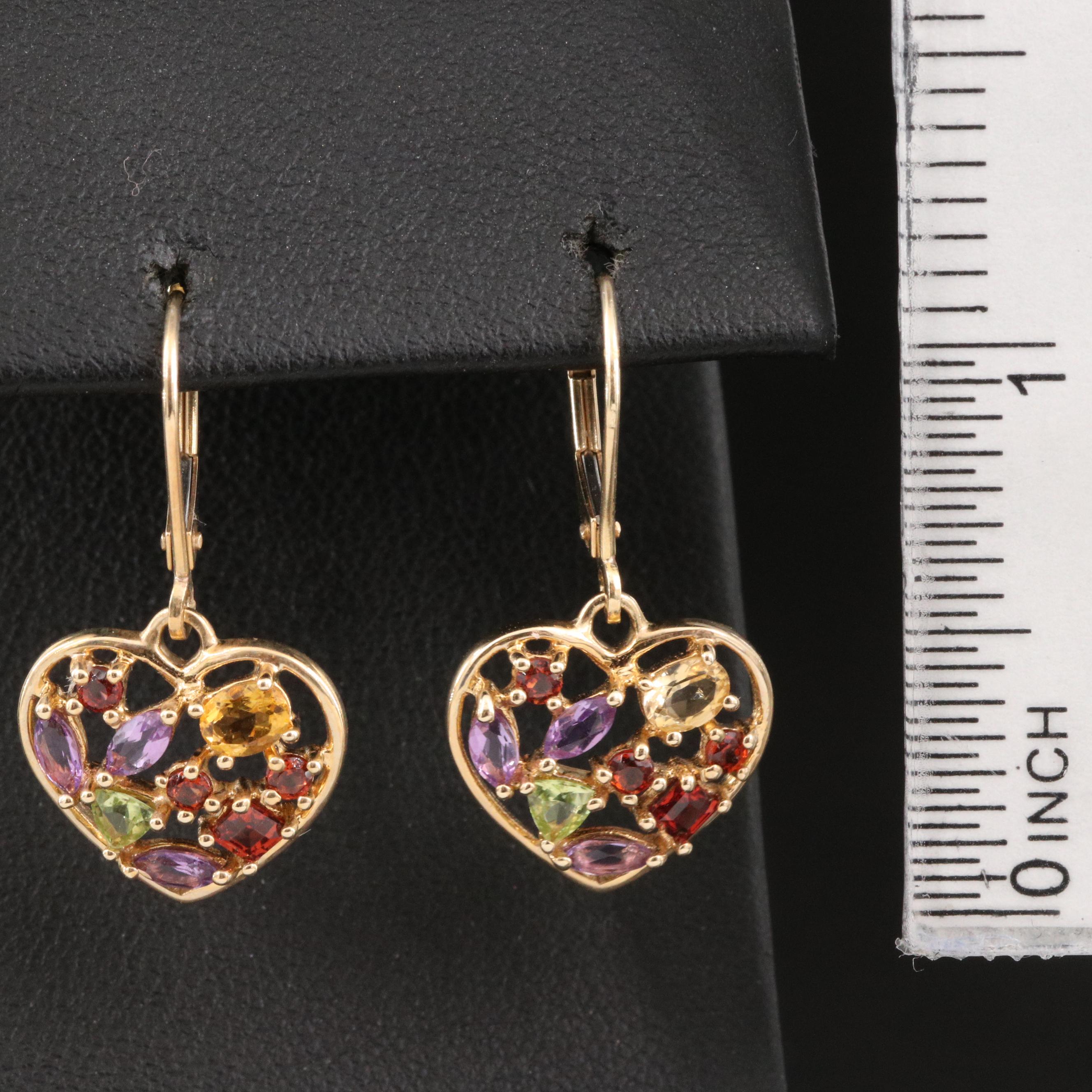 14K Citrine, Garnet, Amethyst and Peridot Cluster Heart Earrings