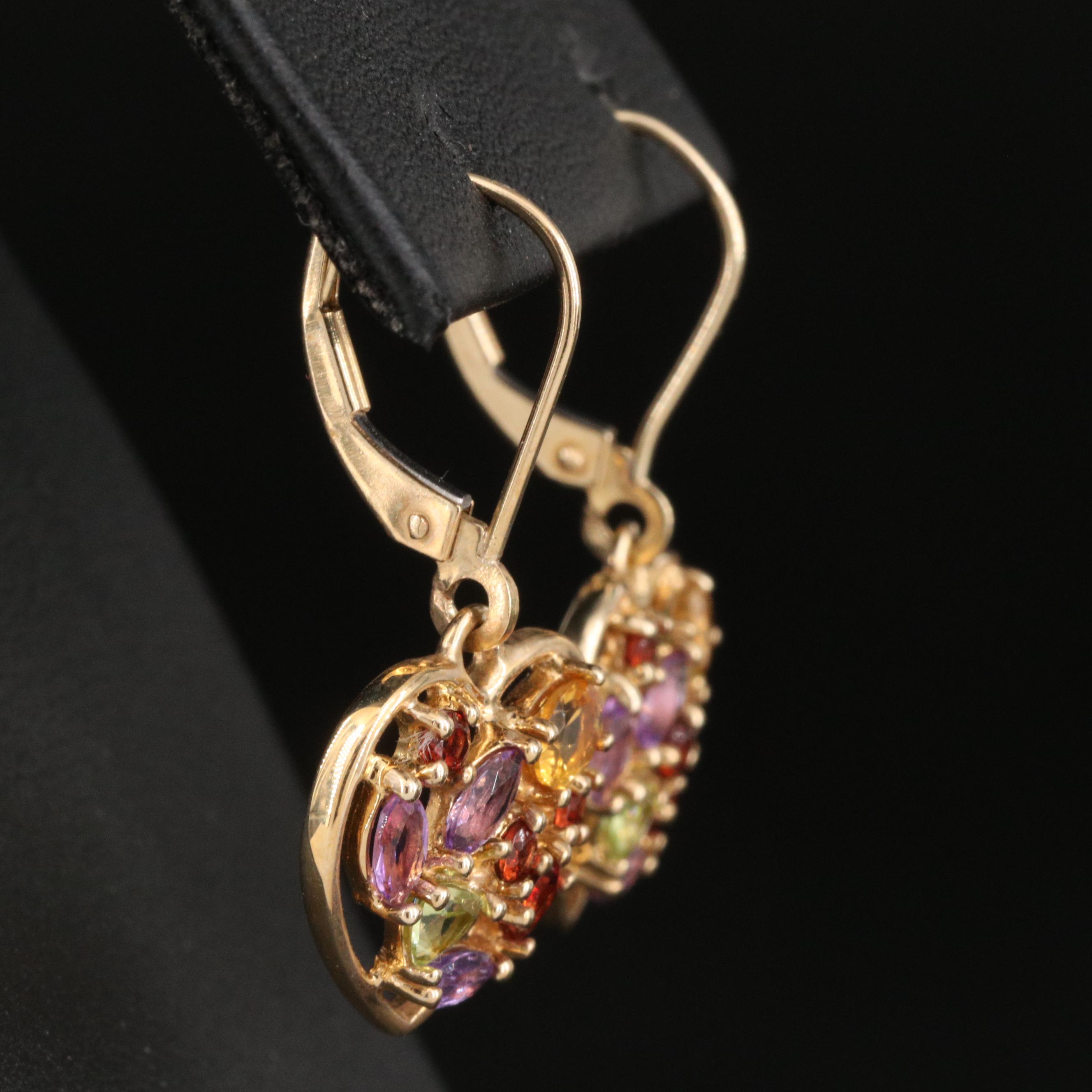 14K Citrine, Garnet, Amethyst and Peridot Cluster Heart Earrings