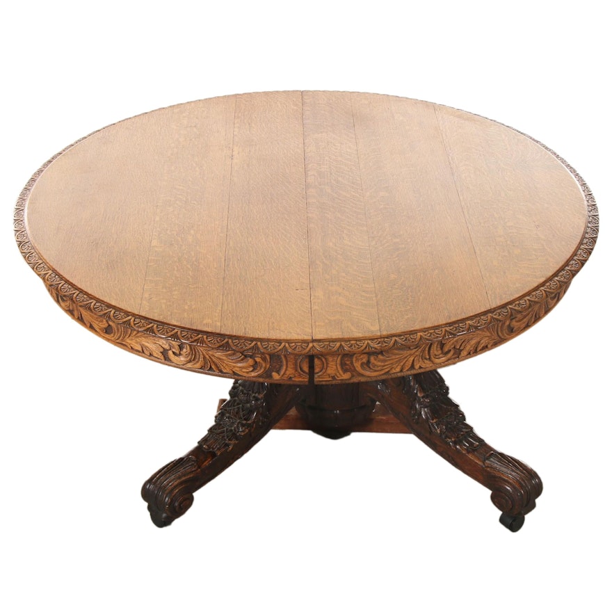 Victorian Carved Oak Pedestal Dining Table, Late 19th/ Early 20th Century