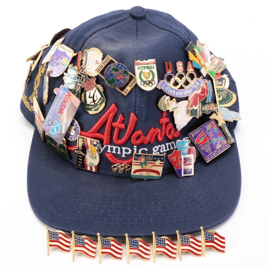 Atlanta Olympic Games Baseball Cap with Enamel Pins Sign By Diane Lad, 1996