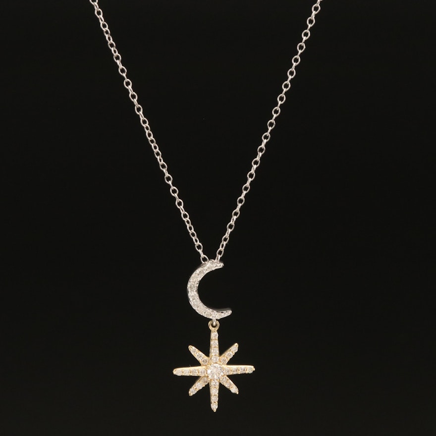 Sterling and 10K Diamond Crescent Moon and Star Pendant Necklace