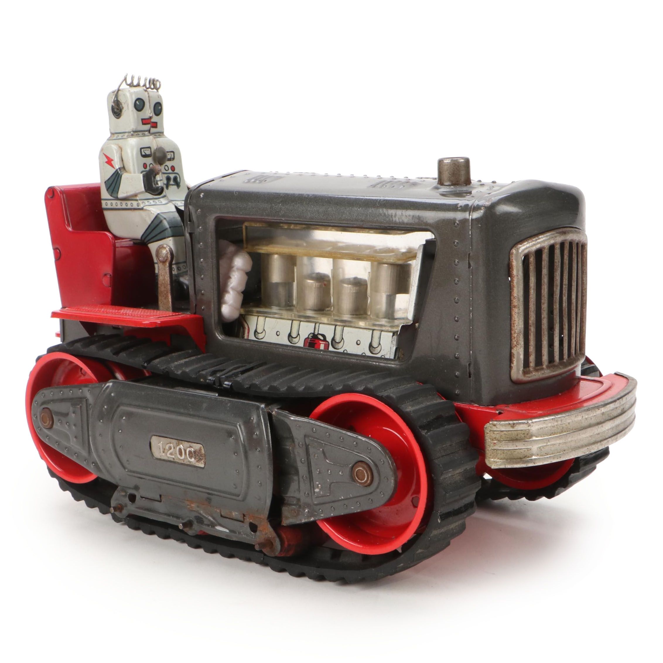 Japanese Nomura Robot Driving Tin Lithograph Battery Operated Tractor, 1950s