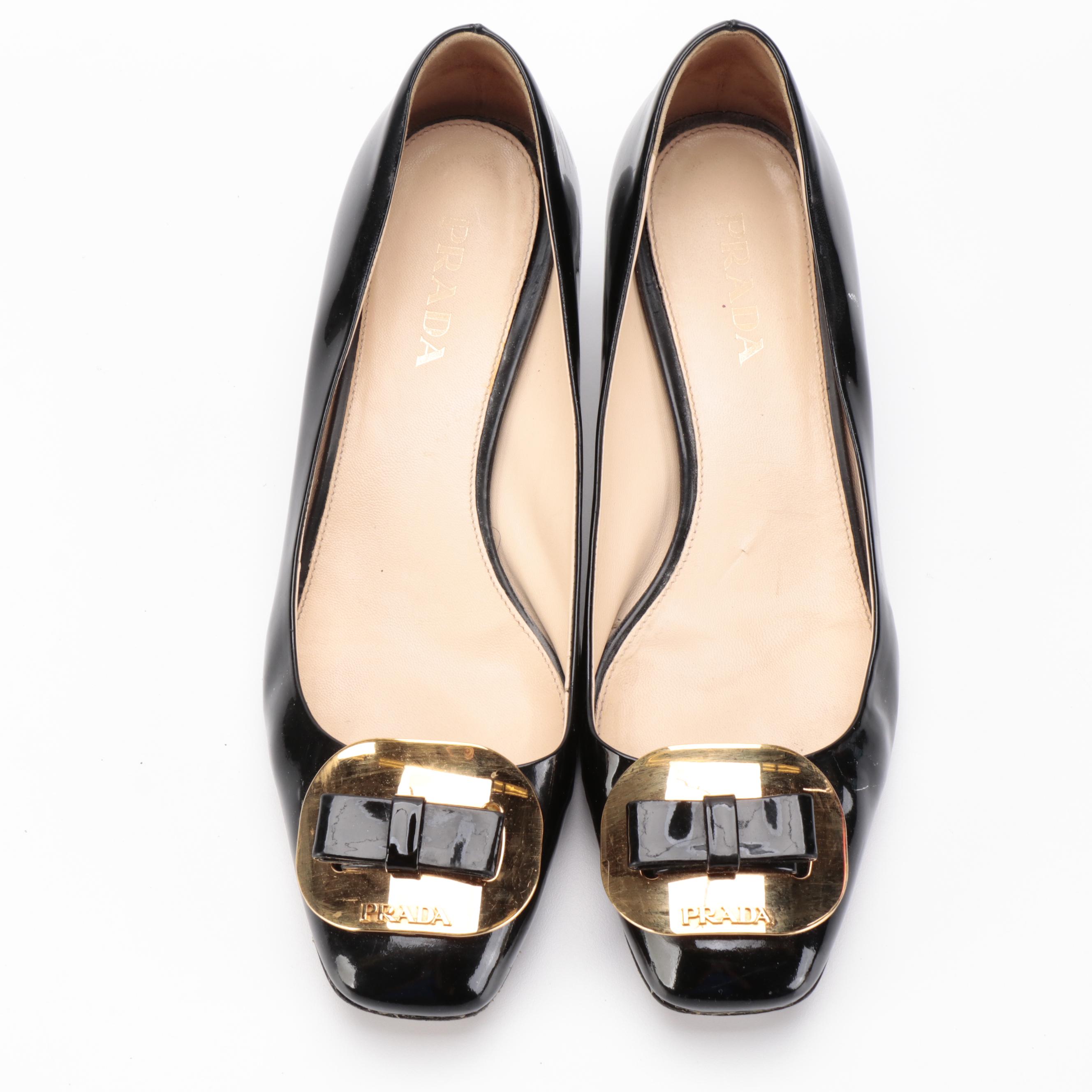 Prada Bow Buckle Black Patent Leather Heels
