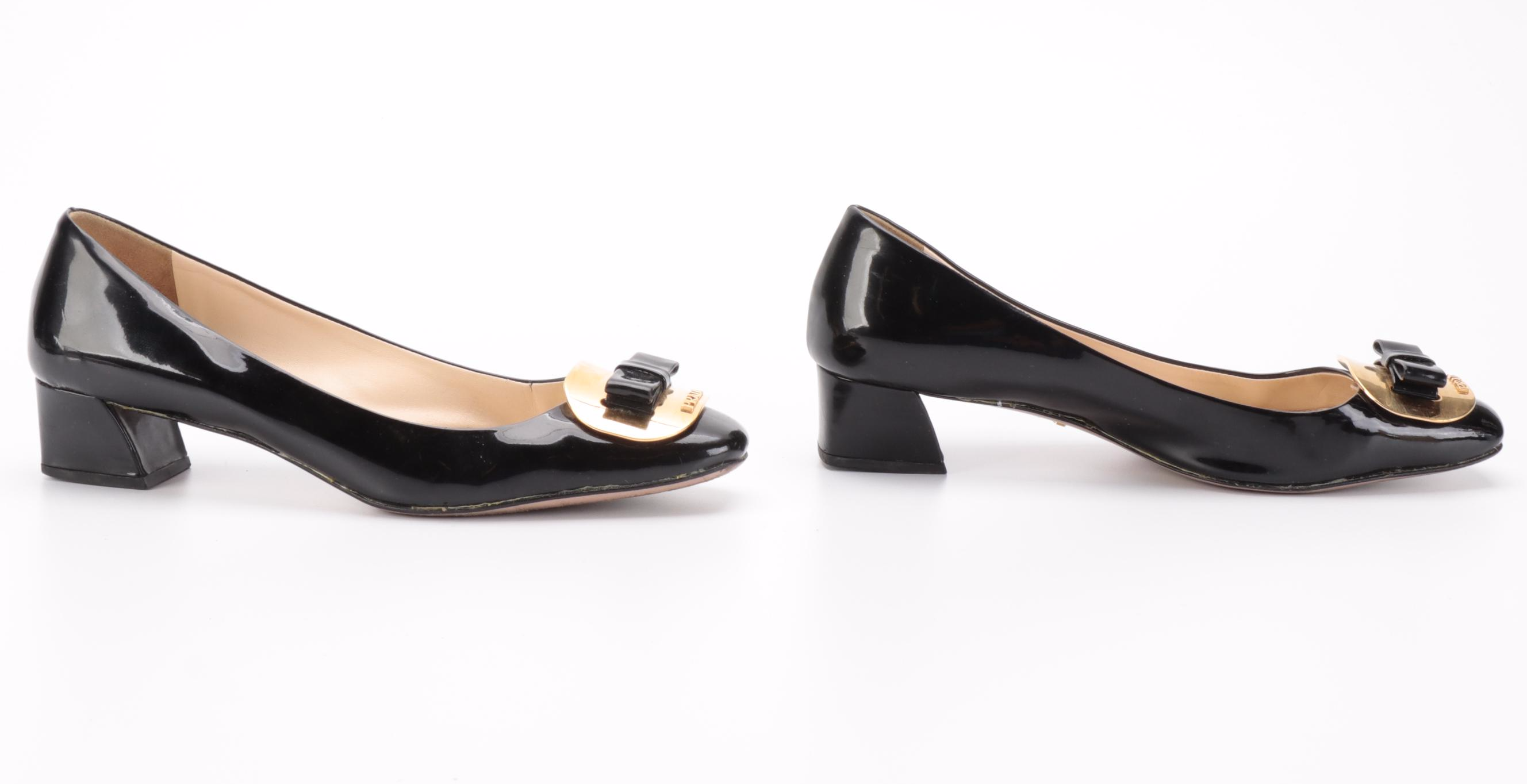 Prada Bow Buckle Black Patent Leather Heels