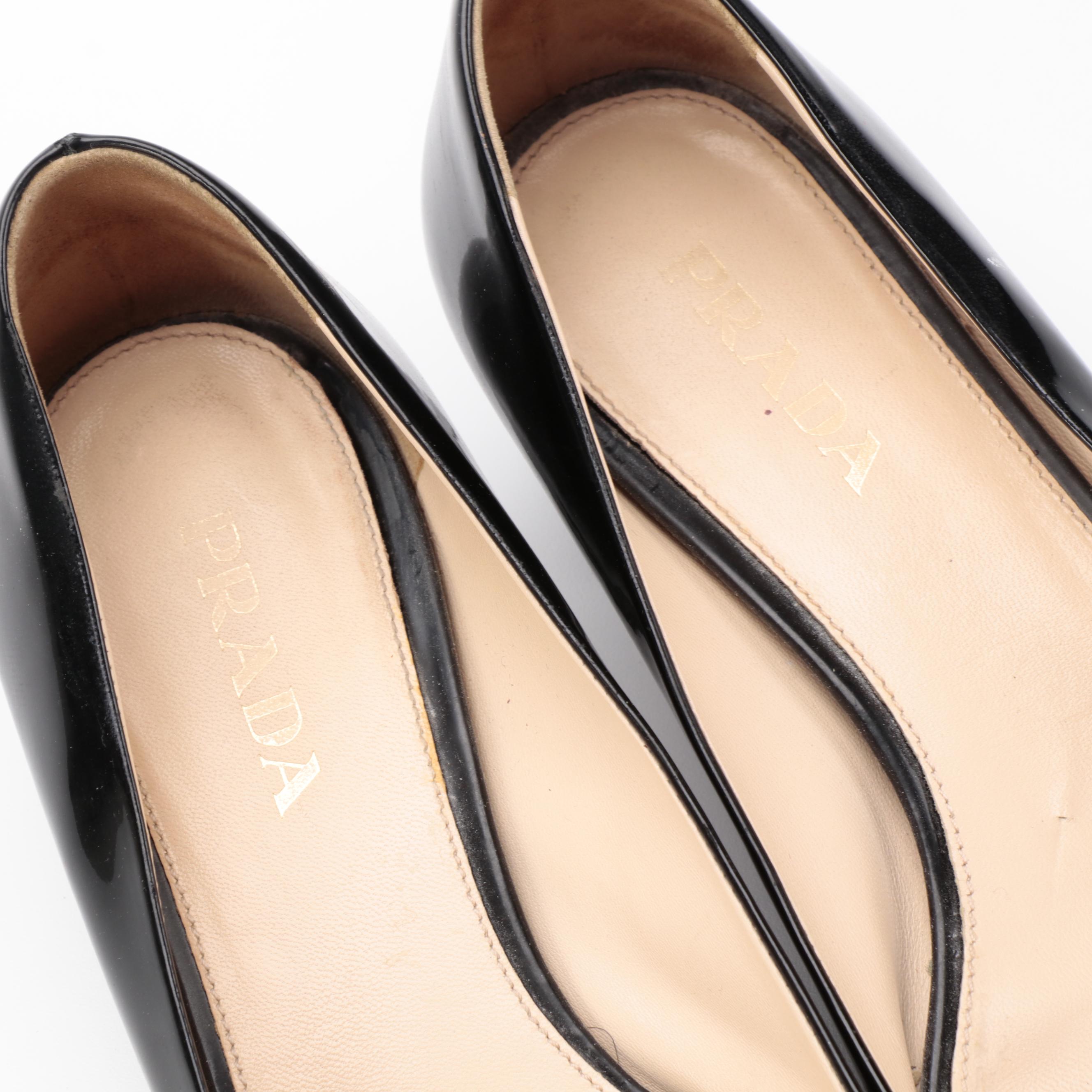 Prada Bow Buckle Black Patent Leather Heels